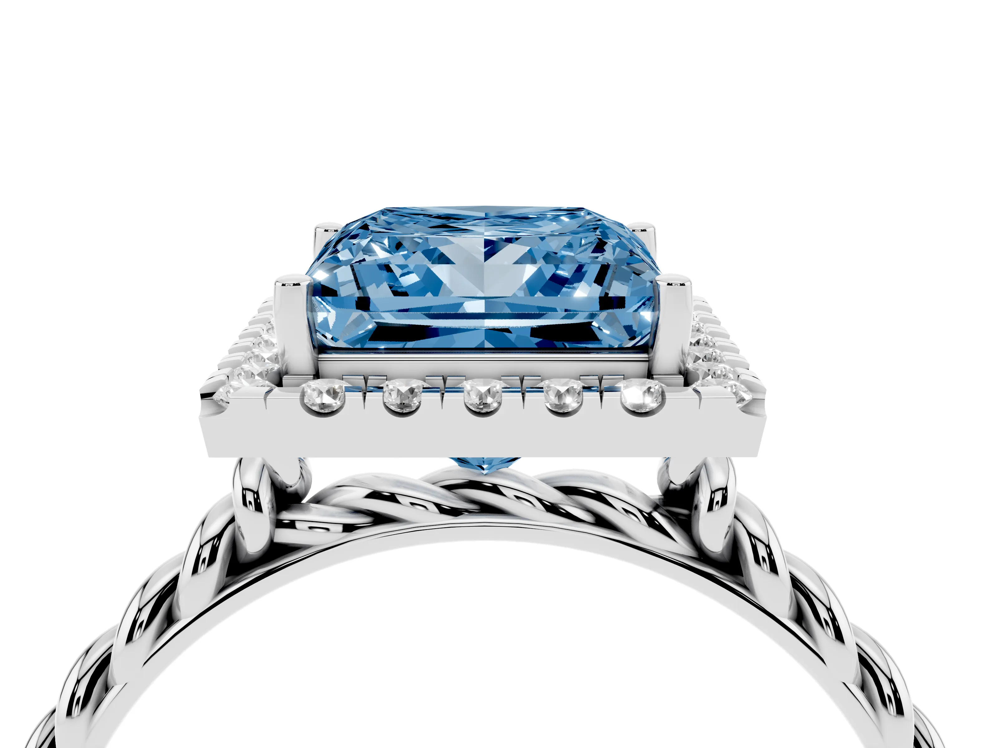 Fancy Blue Princess Cut Diamond Halo Ring Set in Platinum with Plain Twisted Band