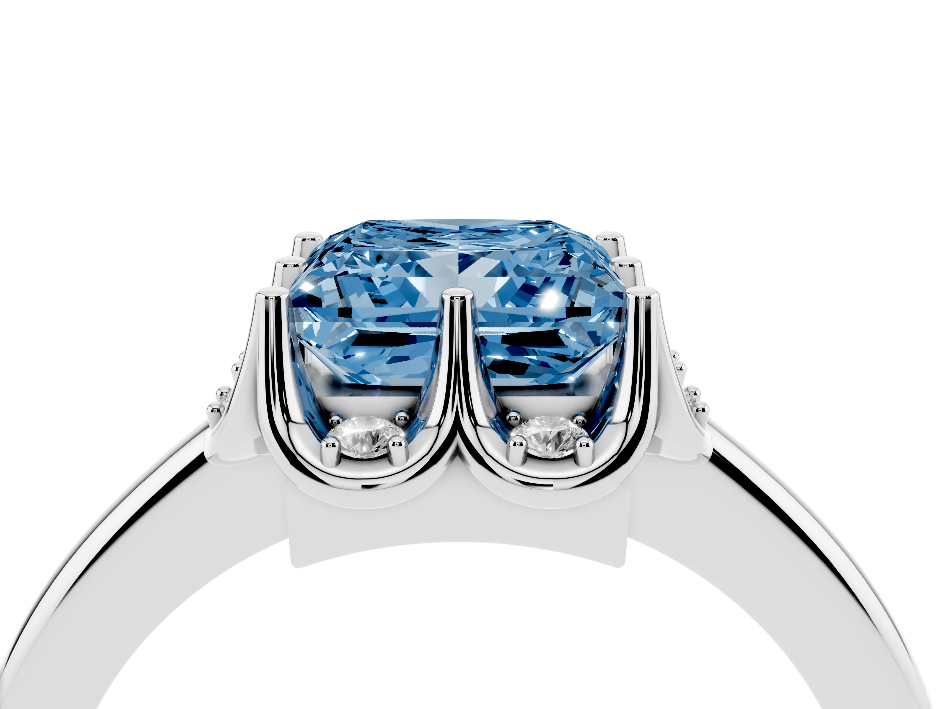 Fancy Blue Princess Cut Diamond Round Cluster Halo Ring Set in Platinum with Solitaire Band and Prong Setting