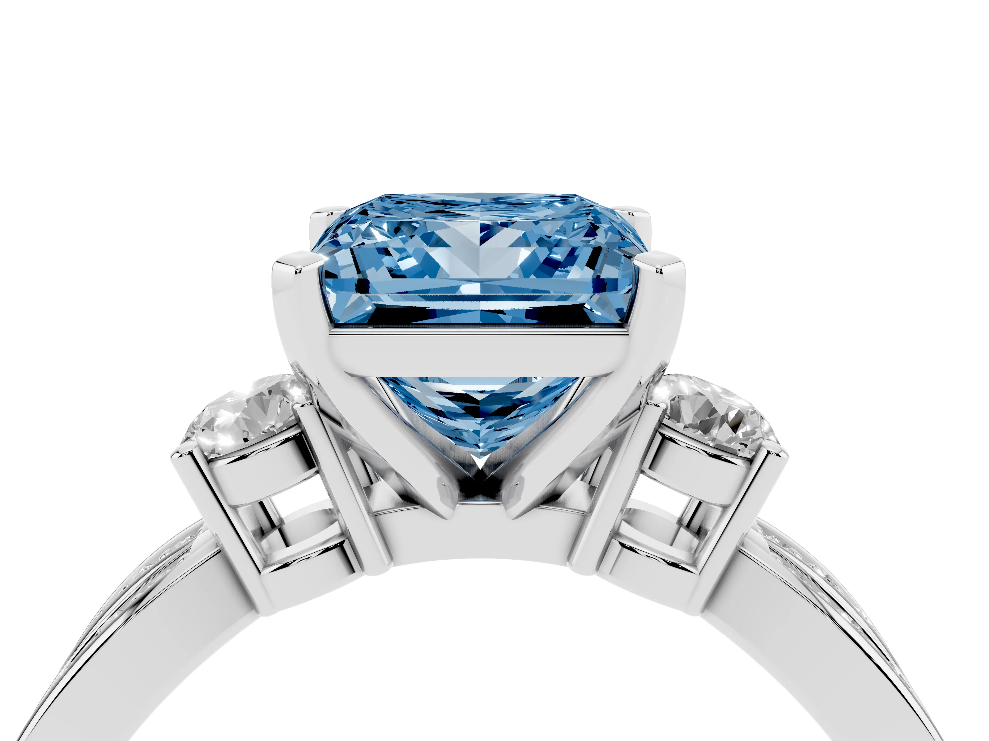 Fancy Blue Three-Stone Princess Cut Diamond Twist Band Ring Set in Silver with Pavé Accents and Prong Setting
