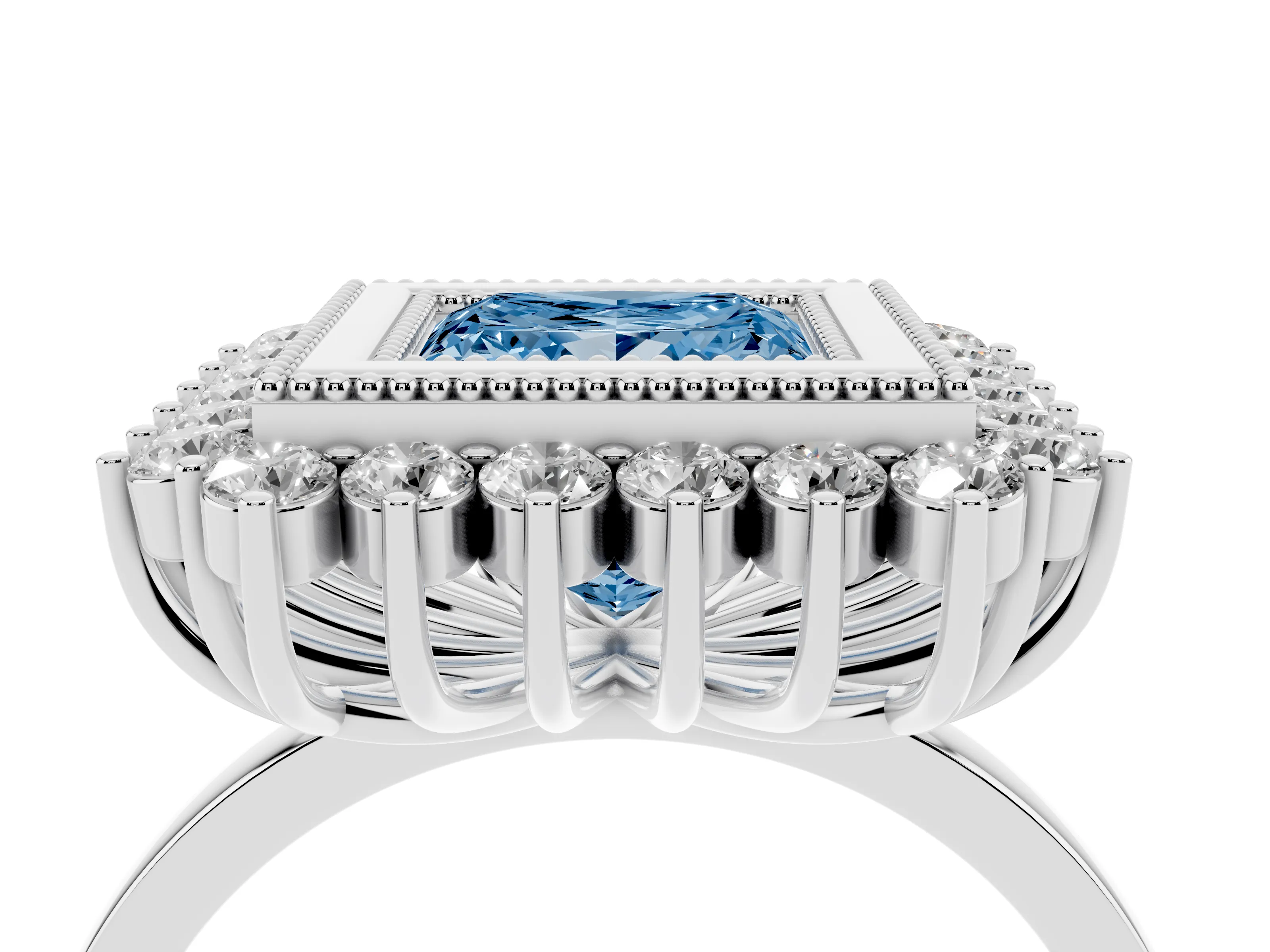 Fancy Blue Princess Cut Diamond Halo Ring Set in Silver with Milgrain Edge and Round Prong Setting