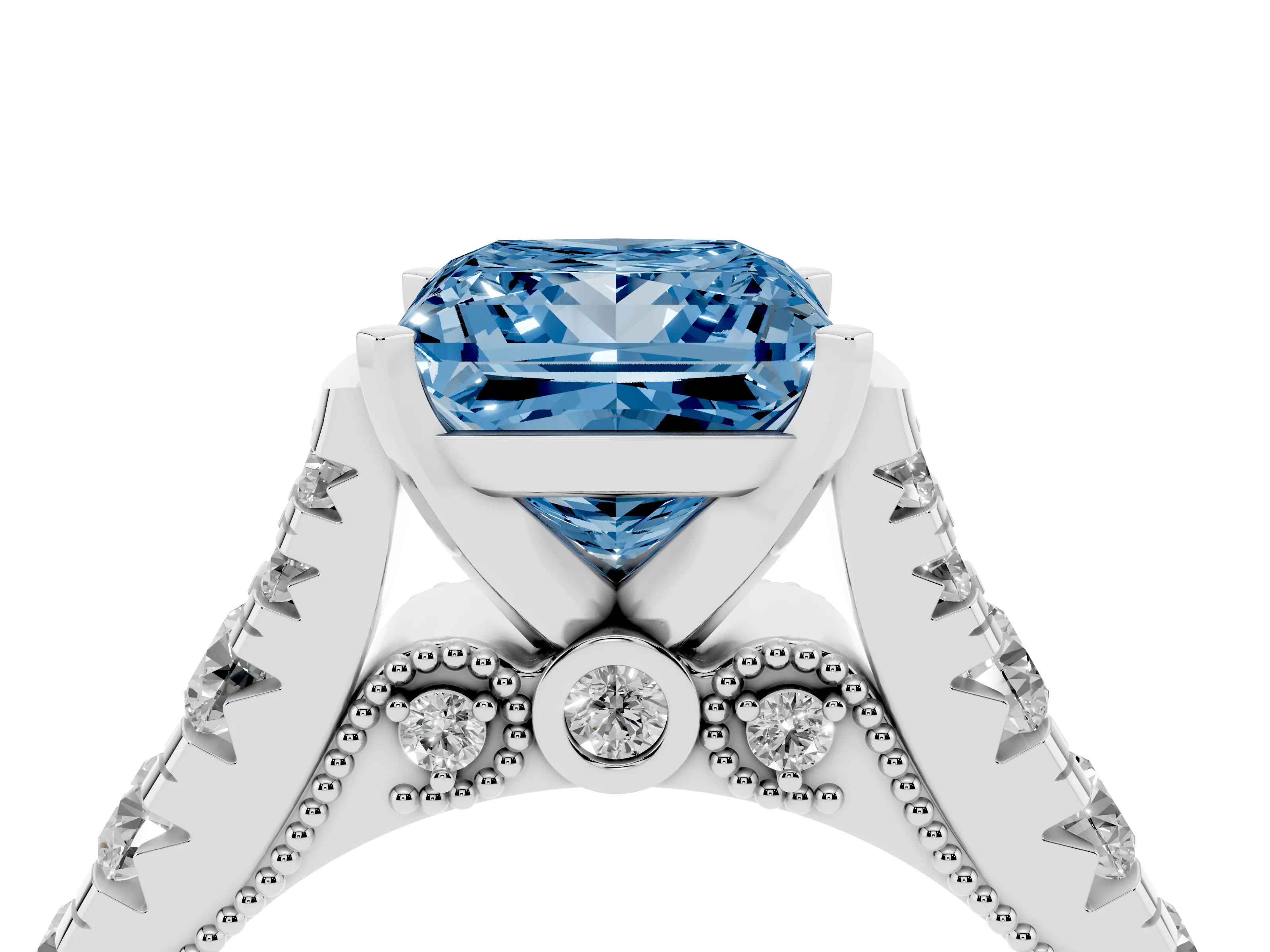 Fancy Blue Princess Cut Diamond Classic Solitaire Ring Set in White gold with Pavé Band and Prong Setting