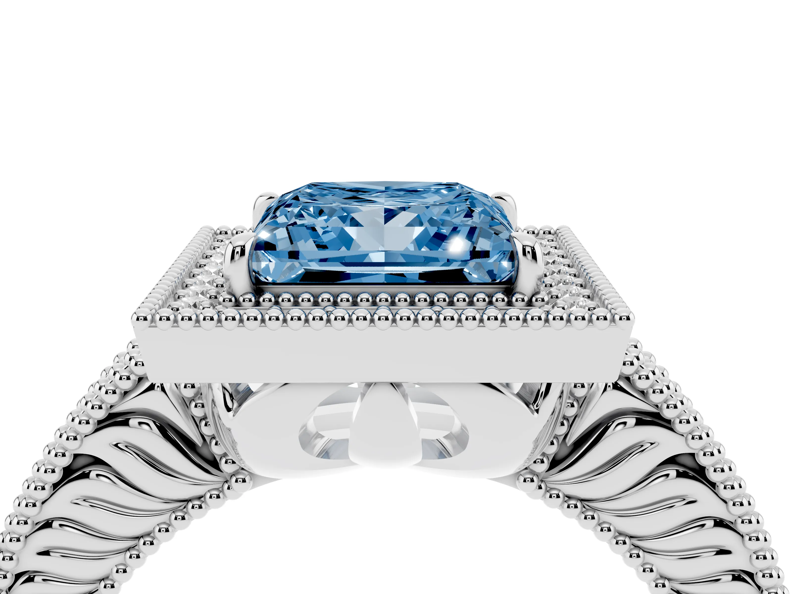 Fancy Blue Princess Cut Diamond Halo Ring Set in White gold with Round Accent Halo, Pavé Band and Prong Setting
