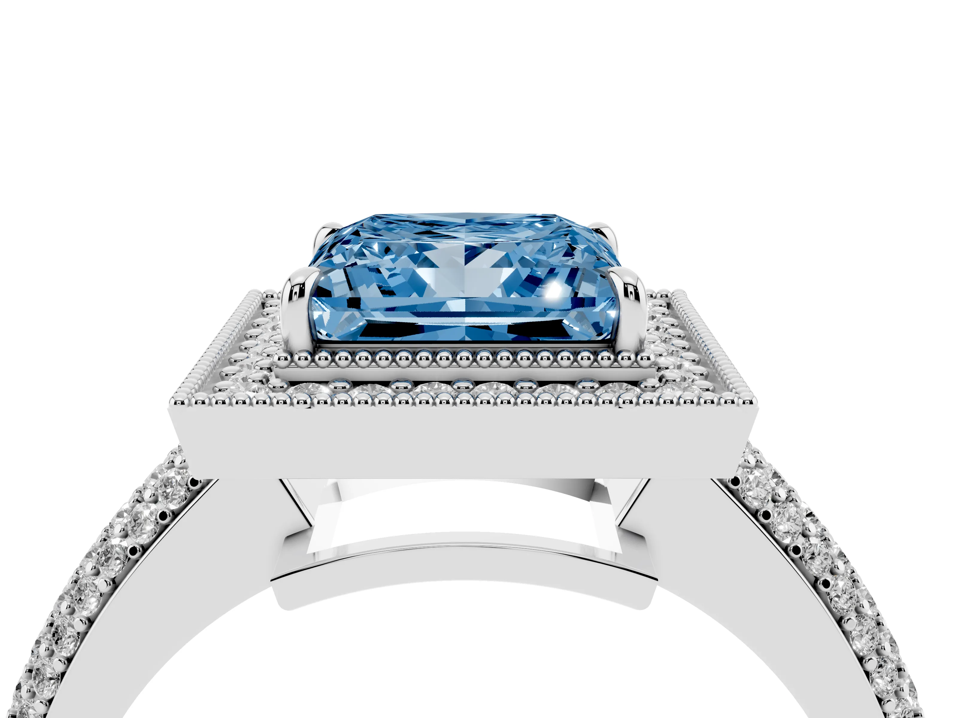 Fancy Blue Princess Cut Diamond Halo Pavé Band Set in White gold with Prong Setting