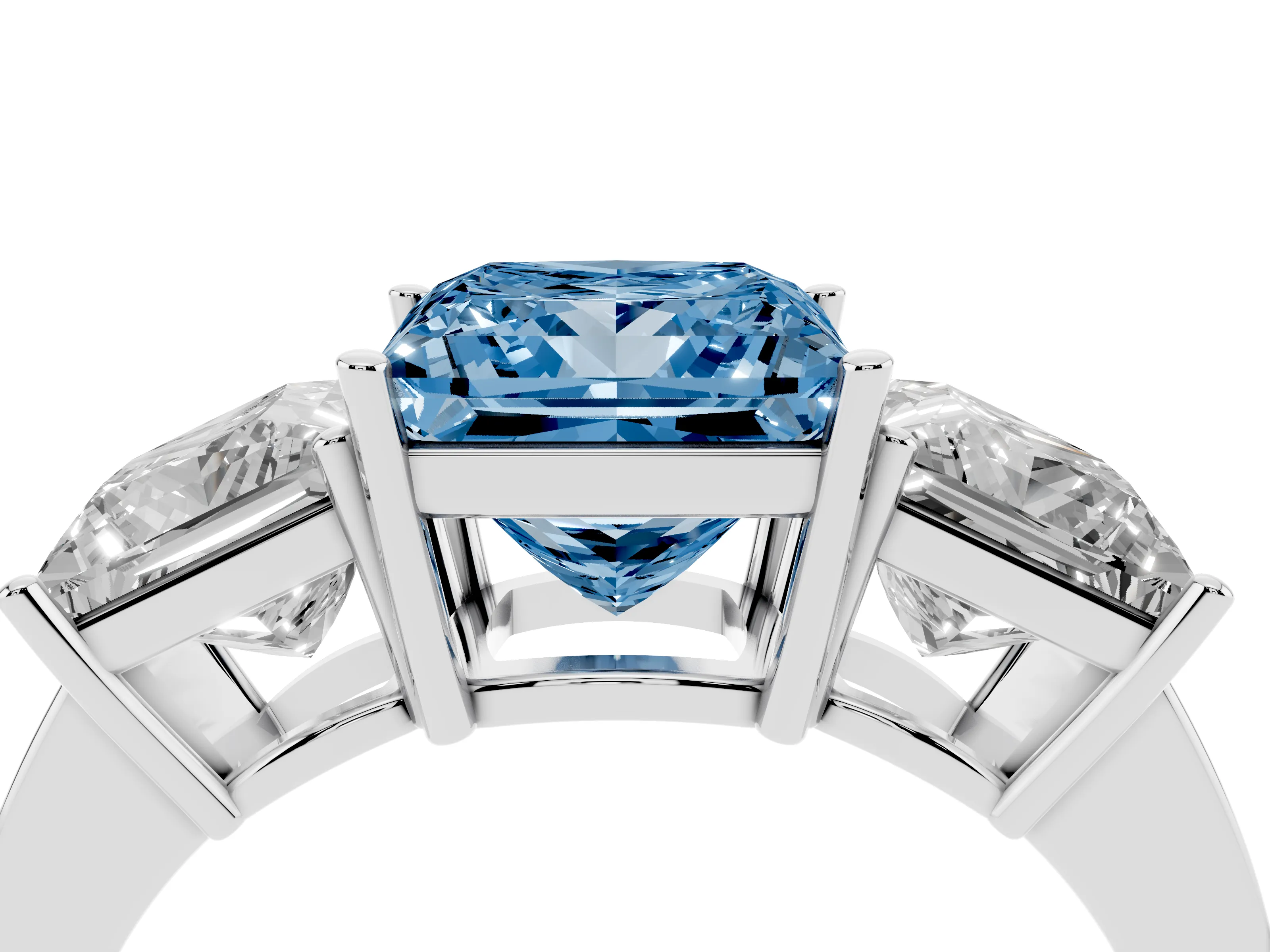 Fancy Blue Princess Cut Diamond Three-Stone Engagement Ring Set in Silver with Flat Band