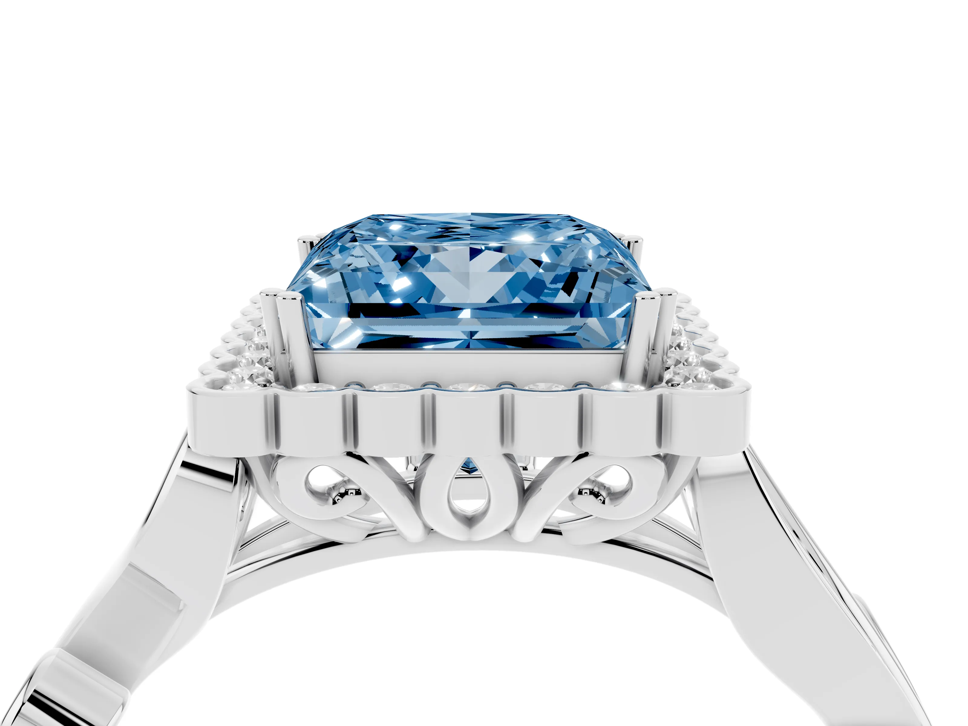 Fancy Blue Princess Cut Diamond Halo Ring Set in White gold with Leaf Motif Split Shank and Prong Setting
