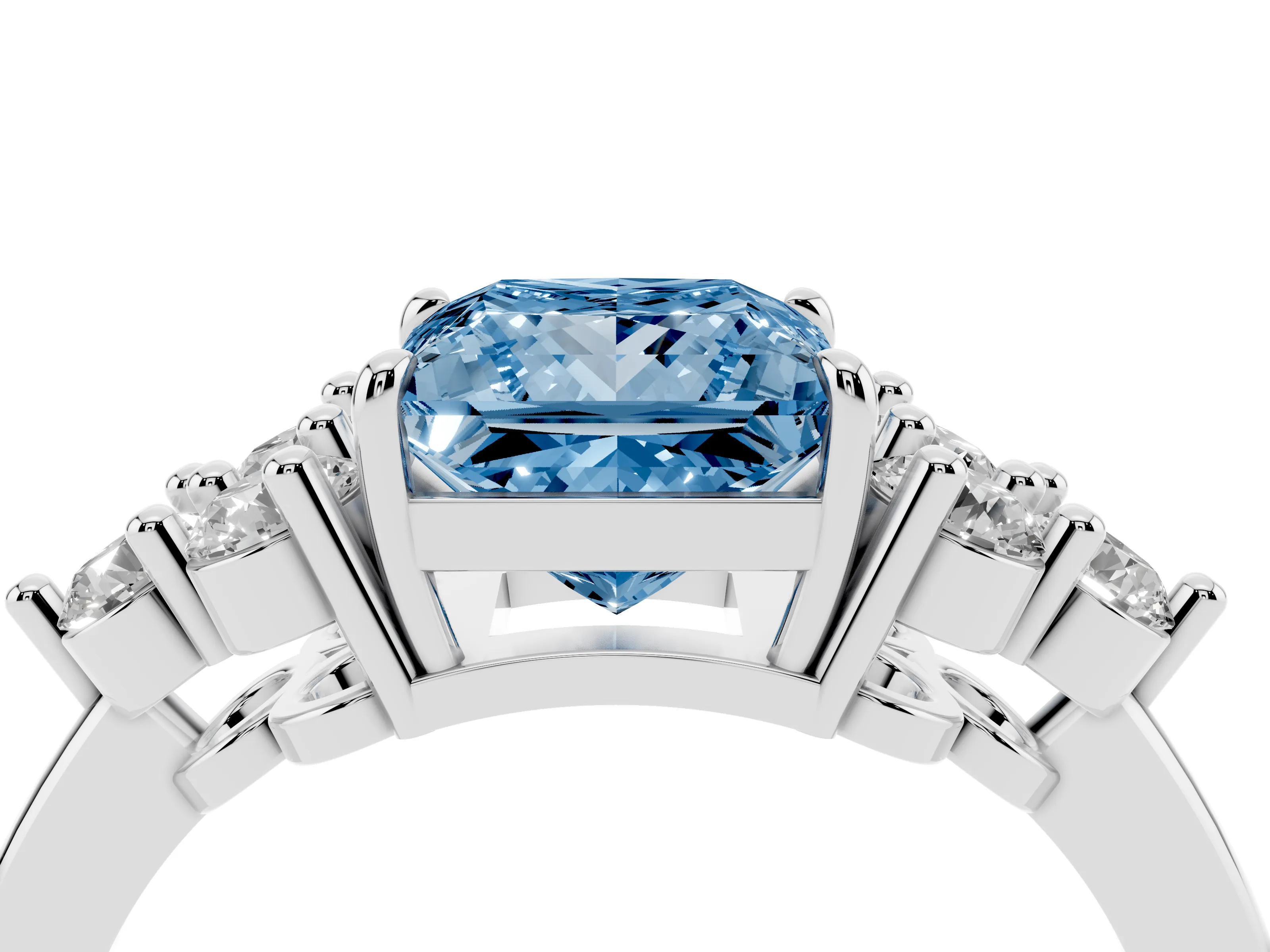 Fancy Blue Princess Cut Diamond Solitaire Ring Set in Platinum with Cluster Accents on Each Side