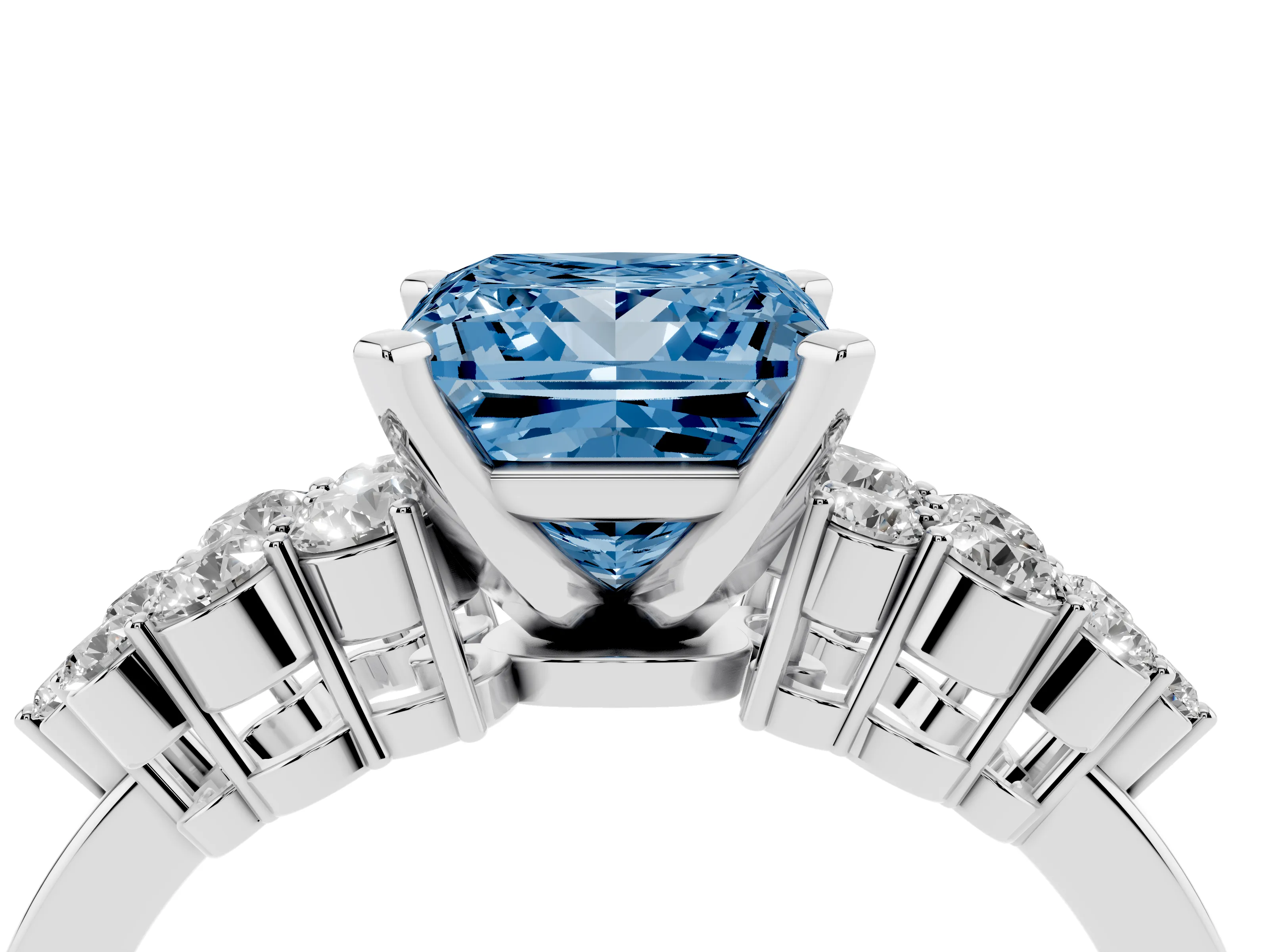Fancy Blue Princess Cut Diamond Cluster Engagement Ring Set in Silver with Pavé Band and Prong Setting