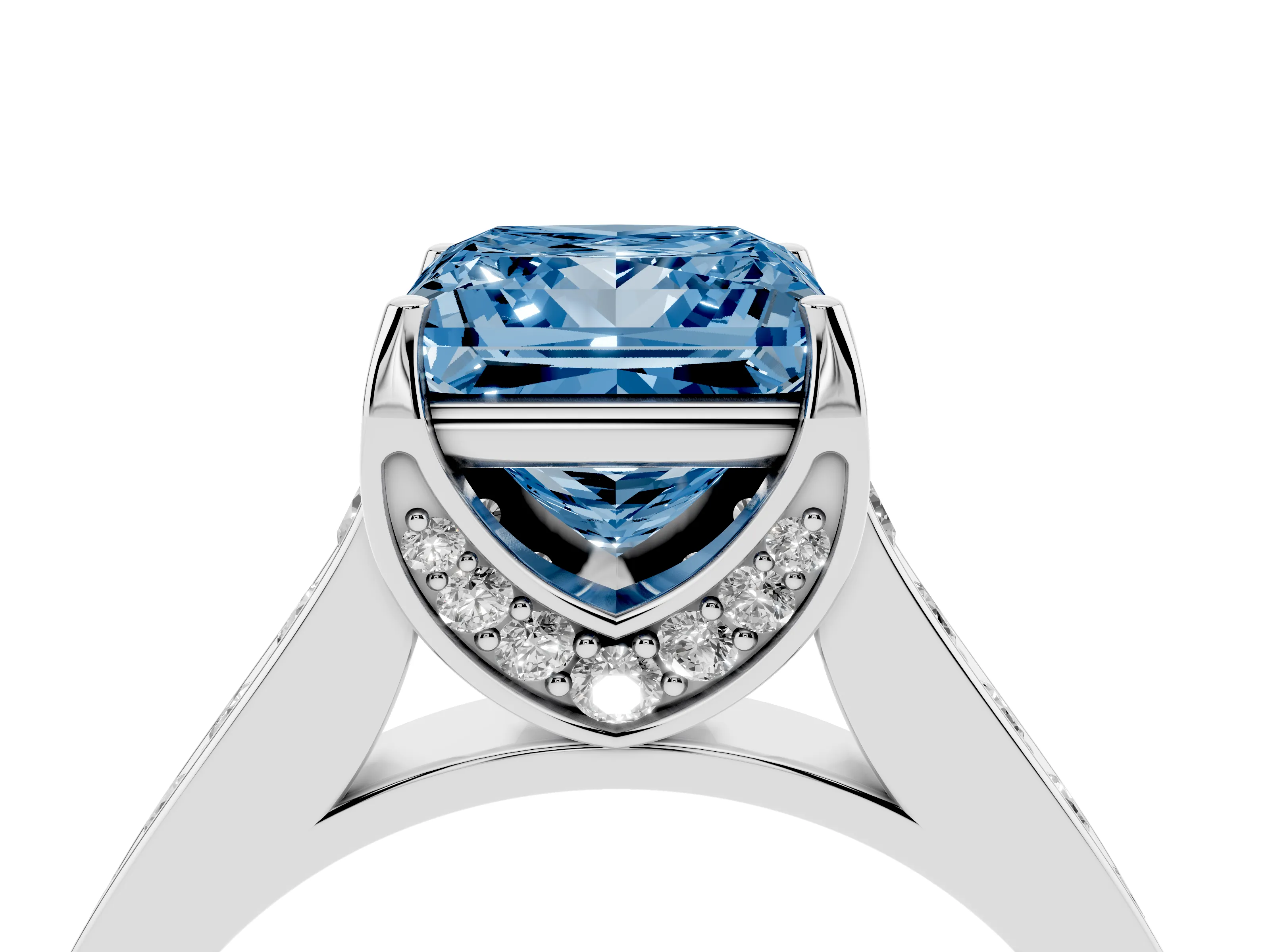 Fancy Blue Princess Cut Diamond Solitaire Pavé Engagement Ring Set in Platinum with Prong Setting