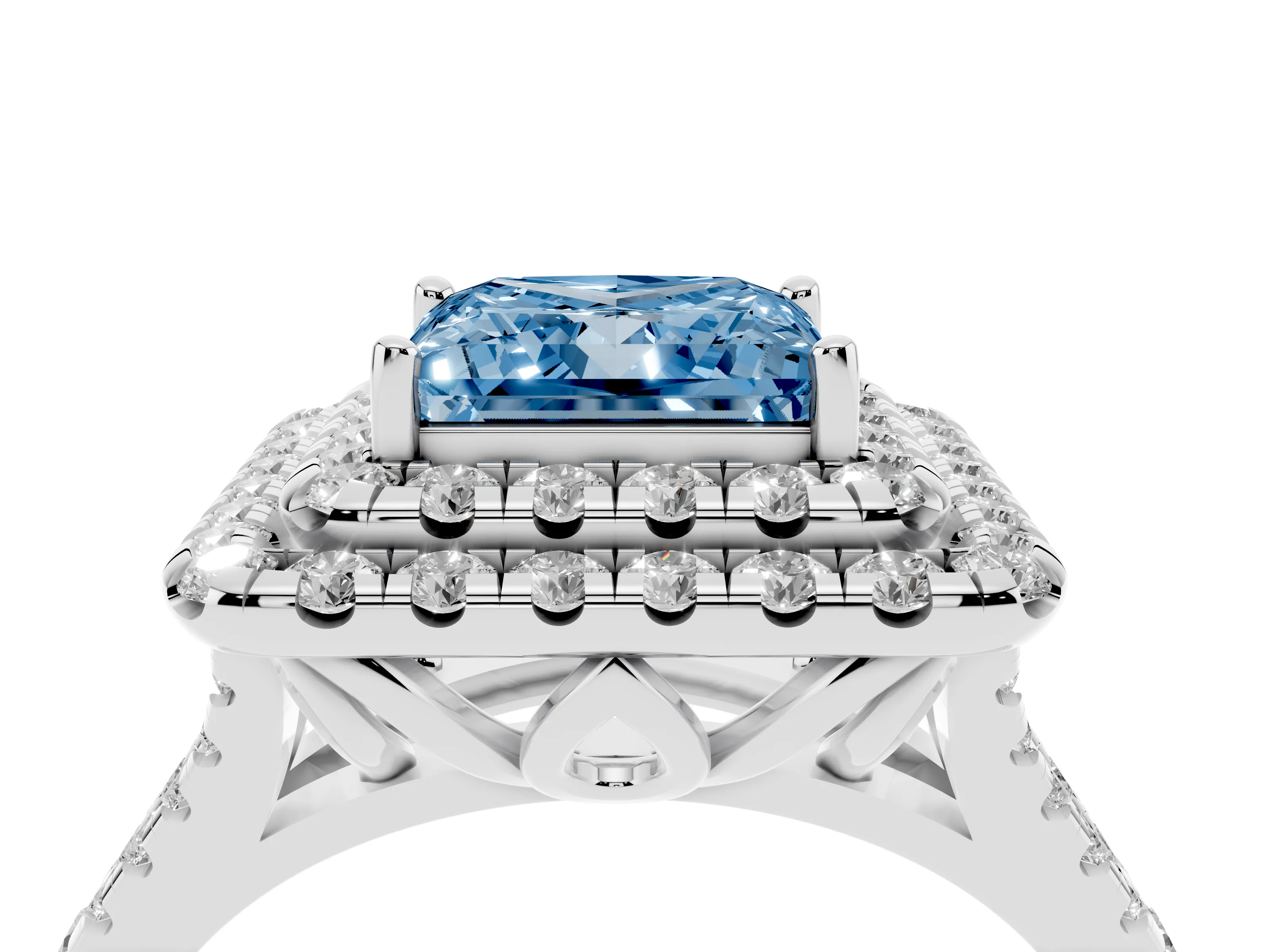 Fancy Blue Princess Cut Diamond Double Halo Ring Set in Silver with Pavé Split Shank and Prong Setting