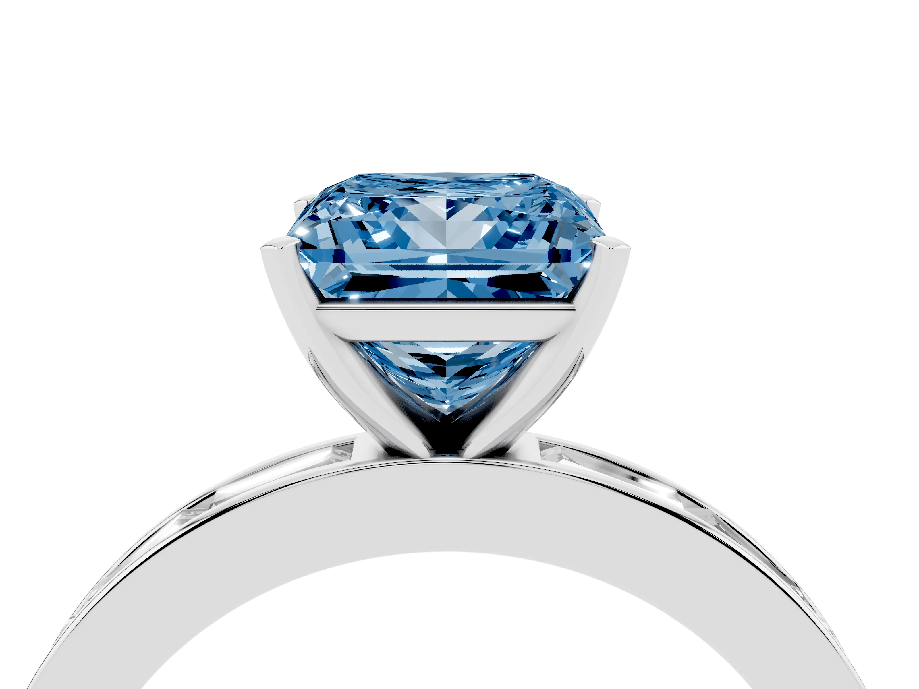 Fancy Blue Princess Cut Diamond Solitaire Ring Set in Platinum with Channel-Set Baguette Band and Prong Setting