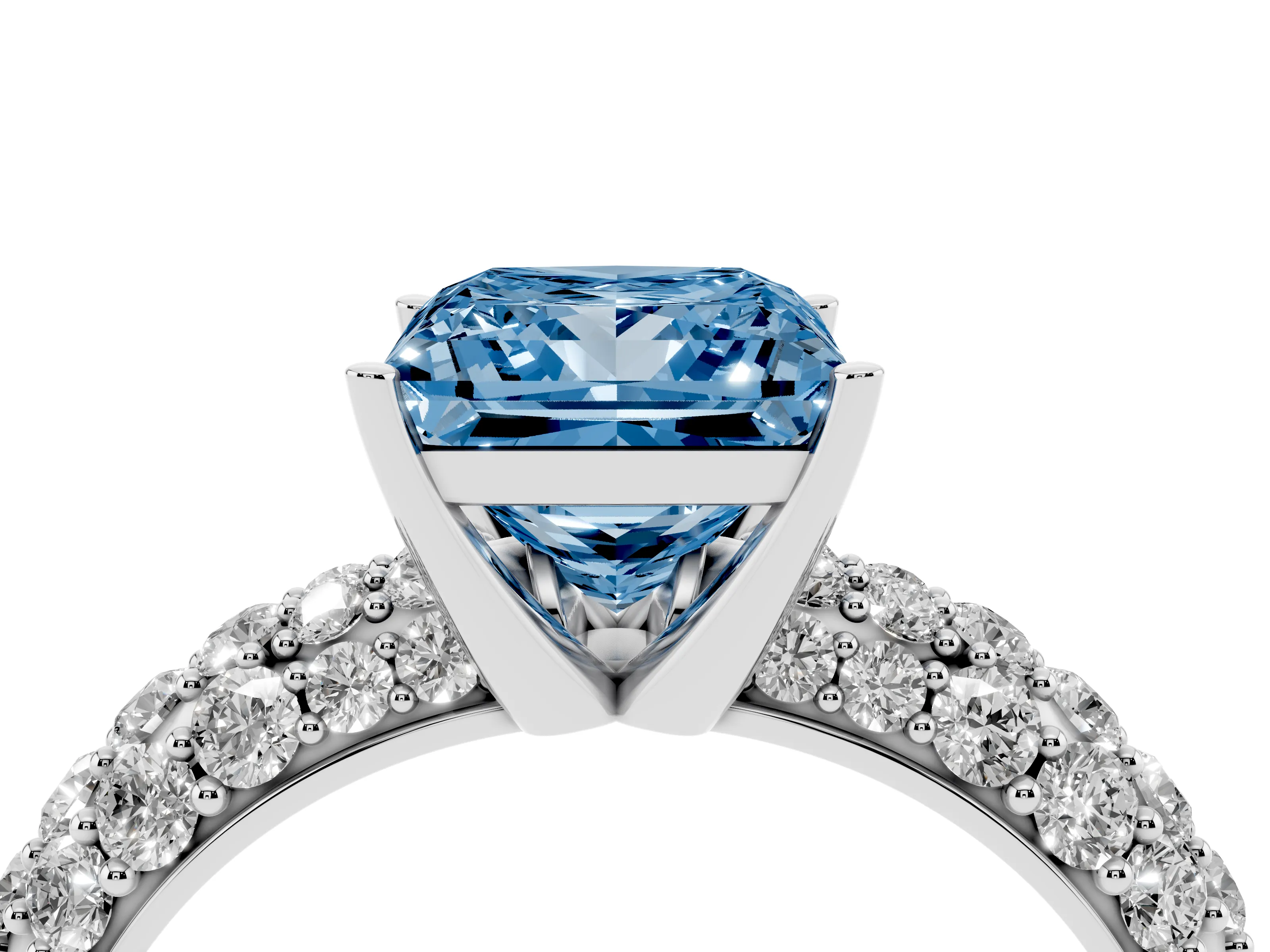 Fancy Blue Princess Cut Diamond Pavé Band Solitaire Ring Set in White gold with Close-Set Accent Stones and Prong Setting