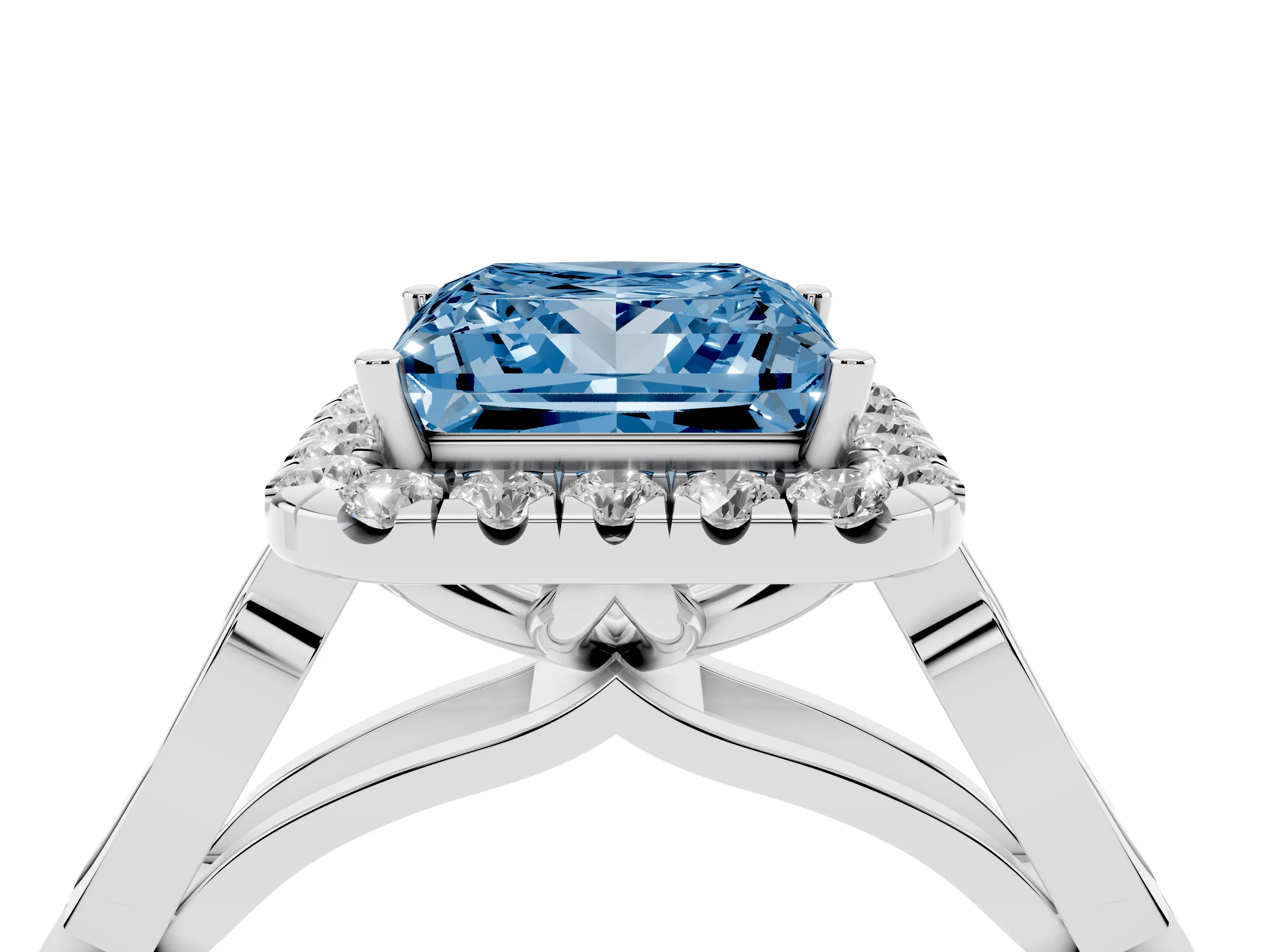 Princess Cut Halo Engagement Ring Setting for a Fancy Blue Lab-Grown Diamond | Filigree Shoulders | Platinum