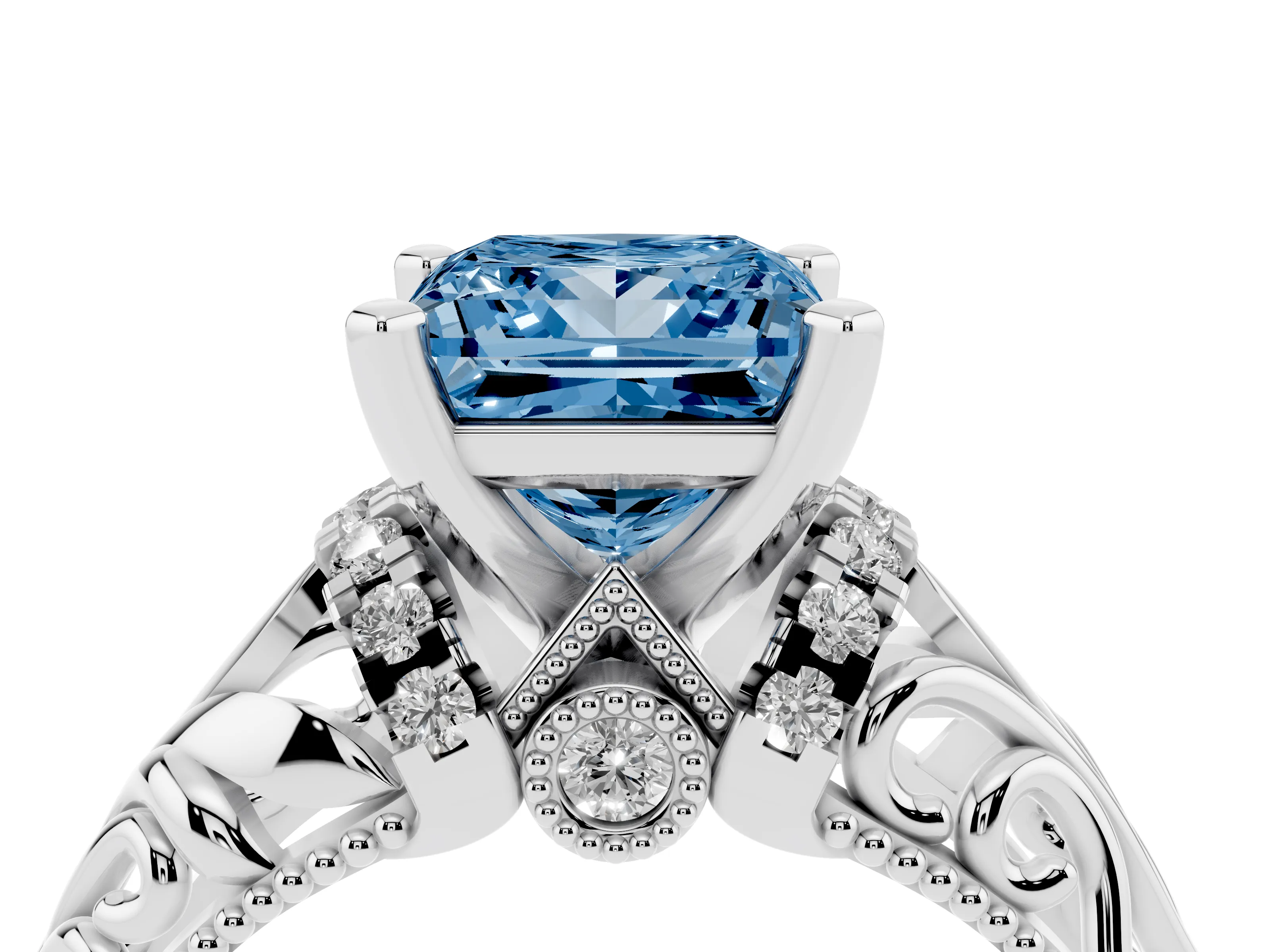 Fancy Blue Princess Cut Diamond Filigree Halo Engagement Ring Set in Platinum with Prong Setting