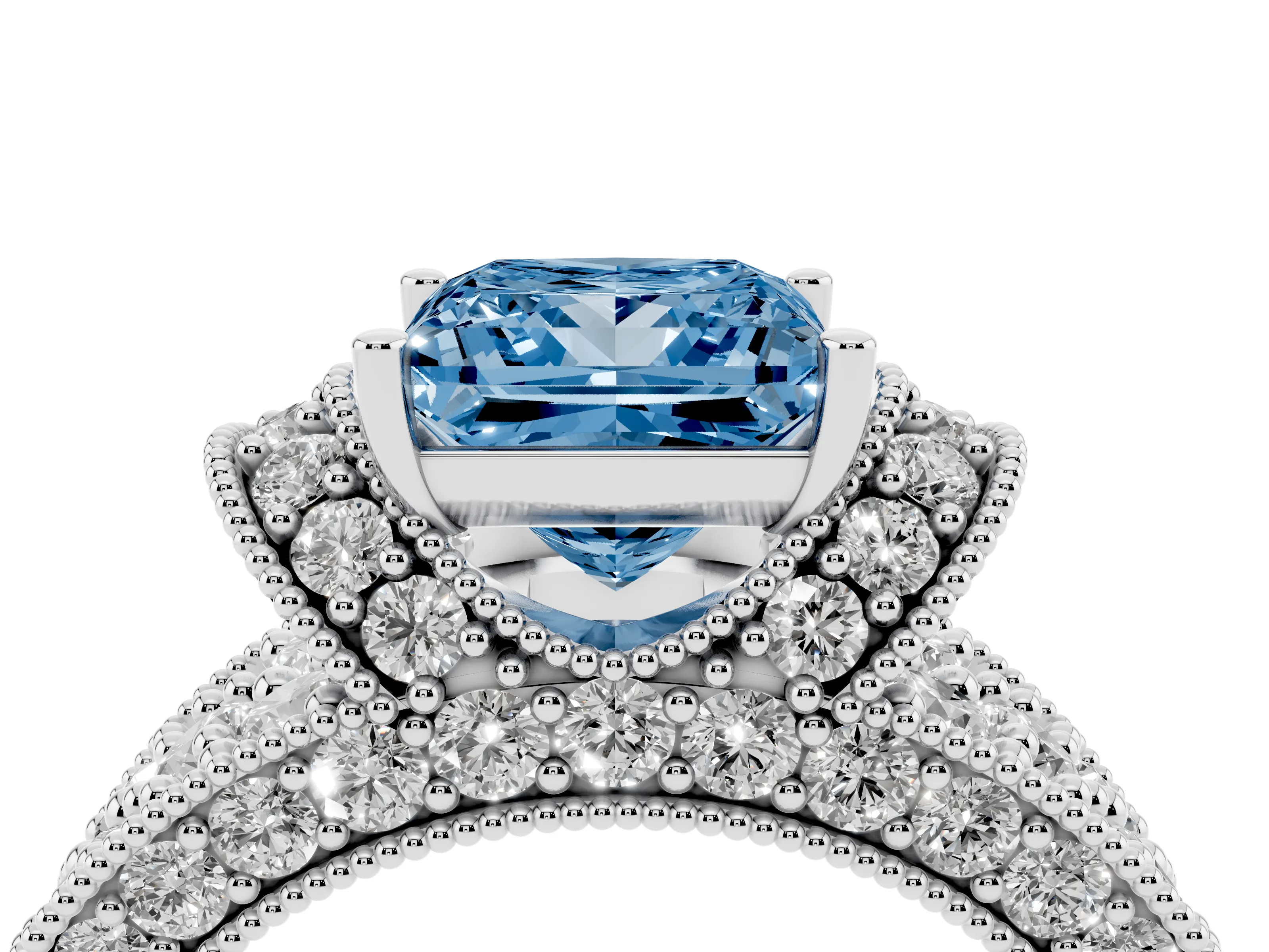 Fancy Blue Princess Cut Diamond Milgrain Halo Pavé Engagement Ring Set in Silver with Prong Setting