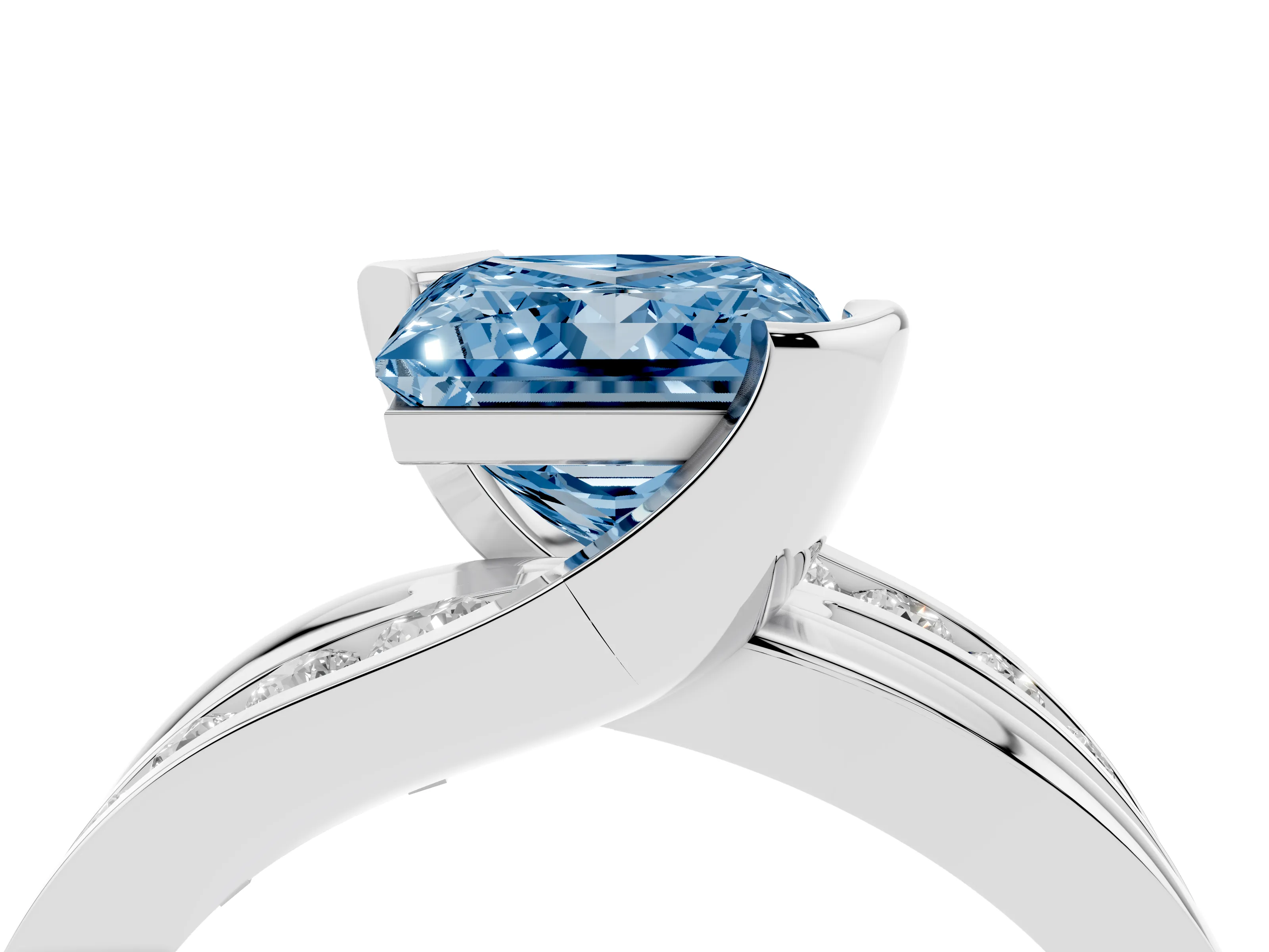 Fancy Blue Princess Cut Diamond Solitaire Ring Set in Silver with Channel Set Split Shank and Tension Prongs