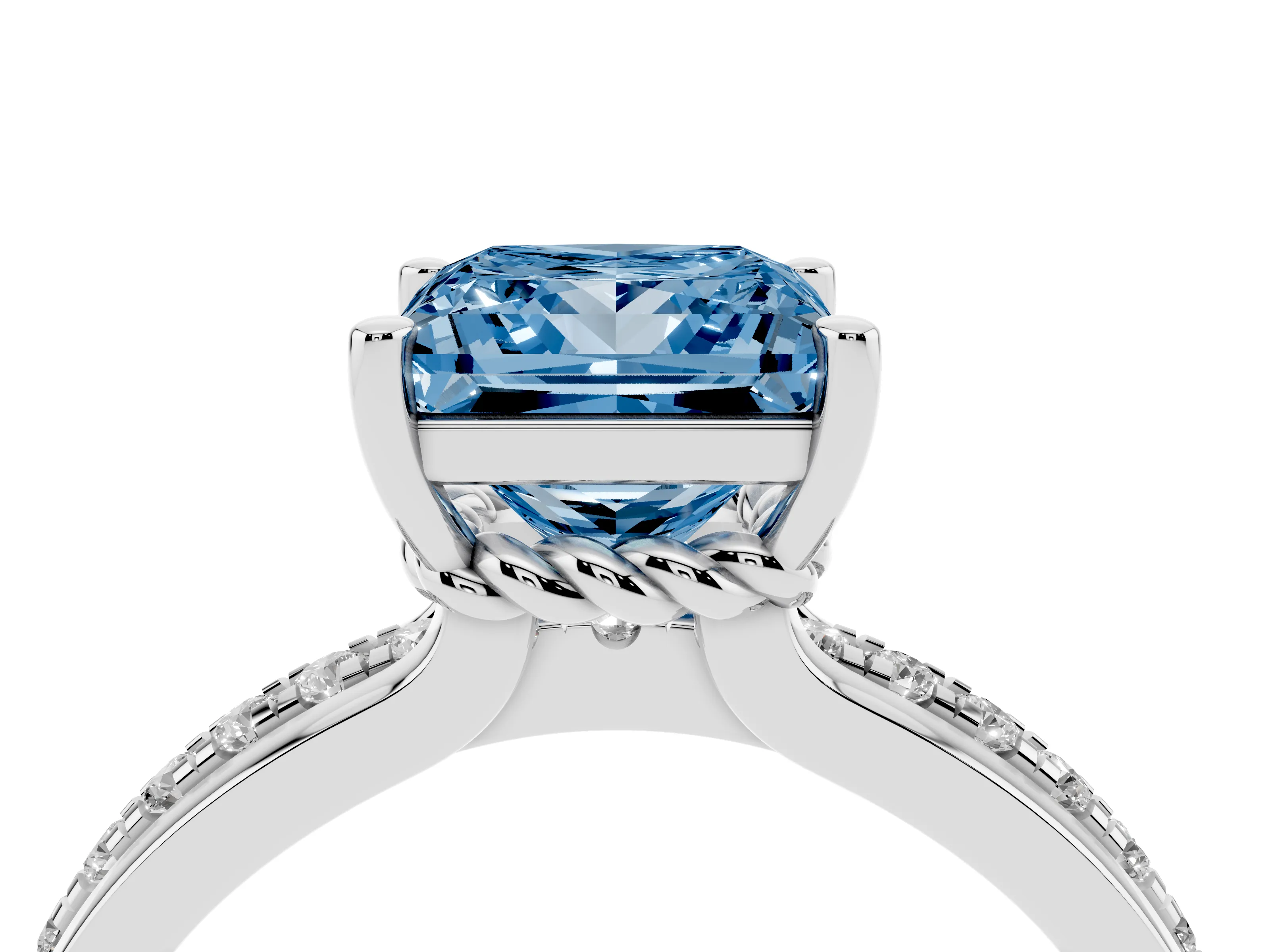Fancy Blue Princess Cut Diamond Solitaire Ring Set in White gold with Channel Set Band and Prong Setting