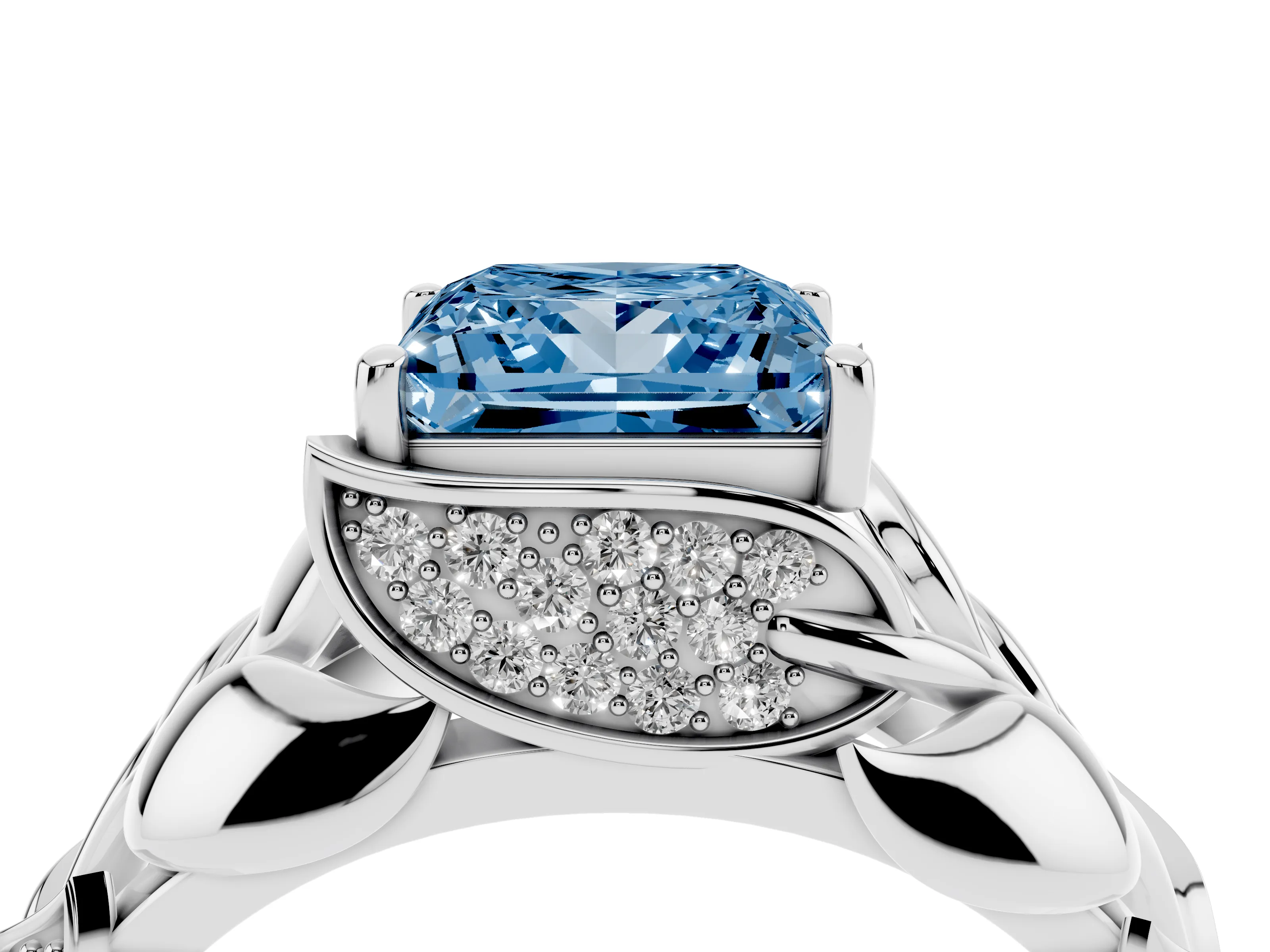 Fancy Blue Princess Cut Diamond Leaf-Inspired Engagement Ring Set in White gold with Round Accents
