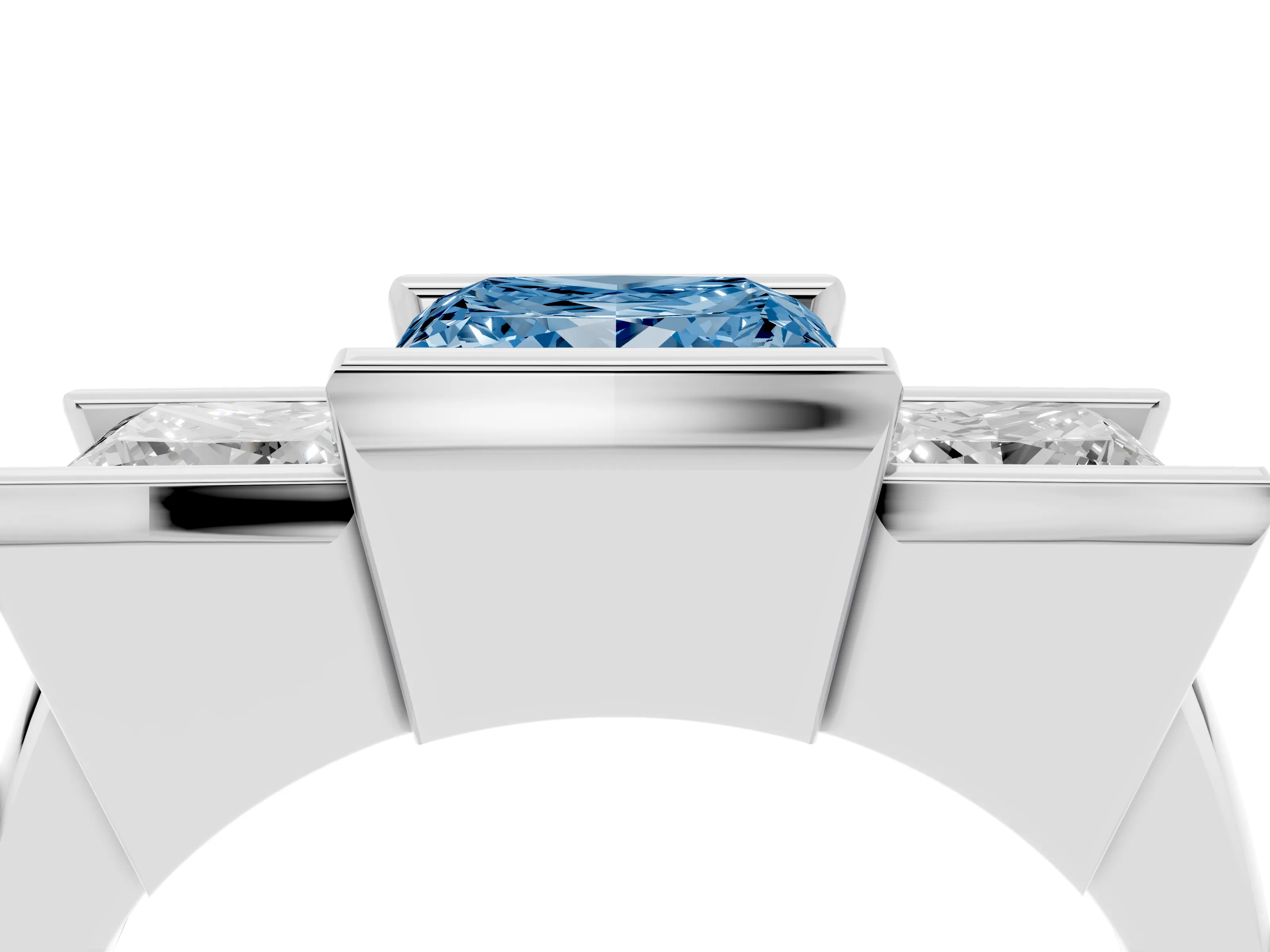 Fancy Blue Princess Cut Diamond Three-Stone Channel Set Ring Set in Platinum with Smooth Polished Band