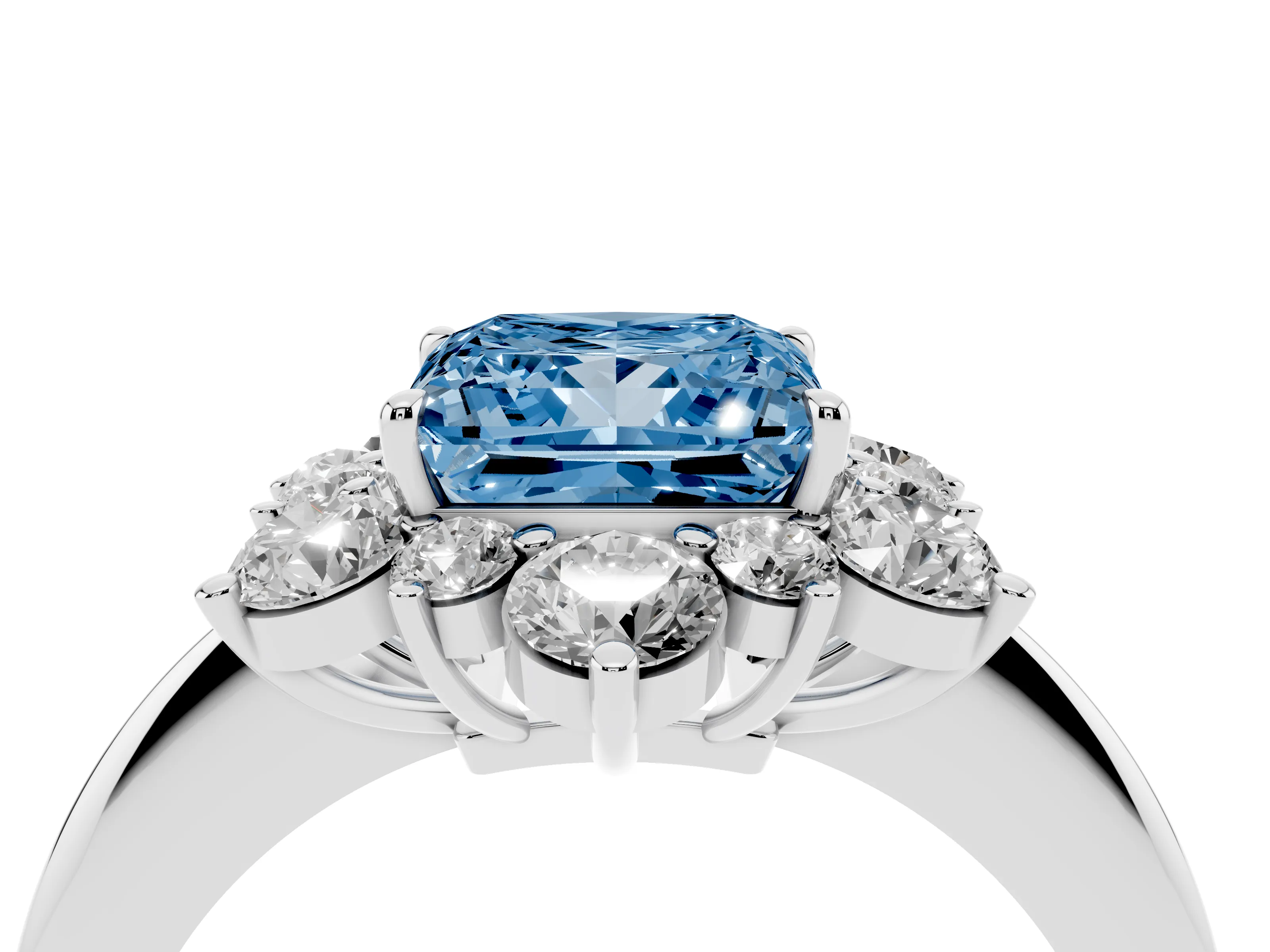 Fancy Blue Princess Cut Diamond Cluster Halo Ring Set in White gold with Solitaire Band and Prong Setting