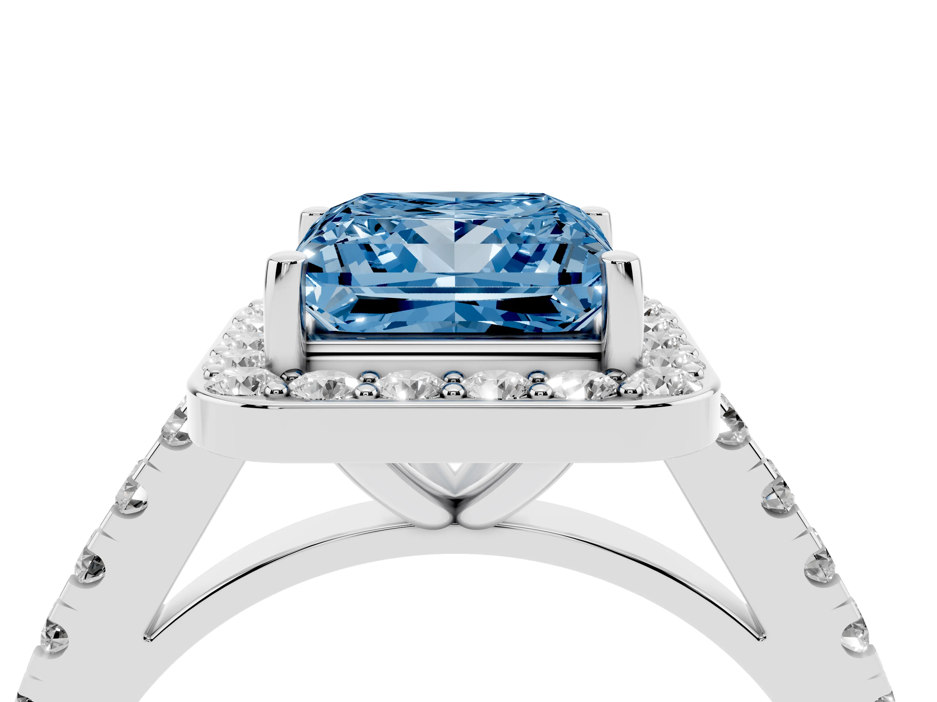 Fancy Blue Princess Cut Diamond Halo Ring Set in Platinum with Round Pavé Split Shank and Prong Setting