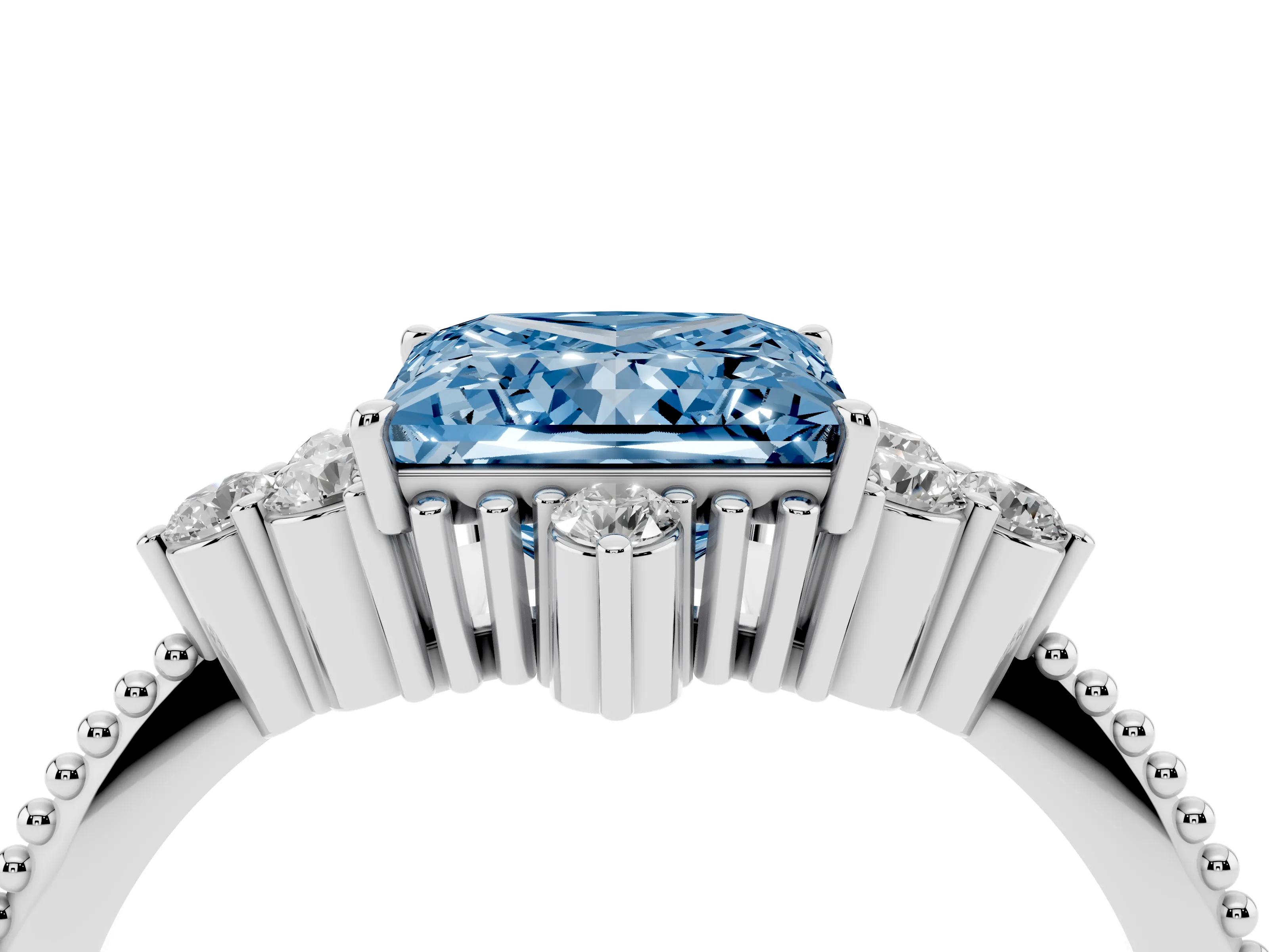 Fancy Blue Princess Cut Diamond Cluster Ring Set in Silver with Beaded Band