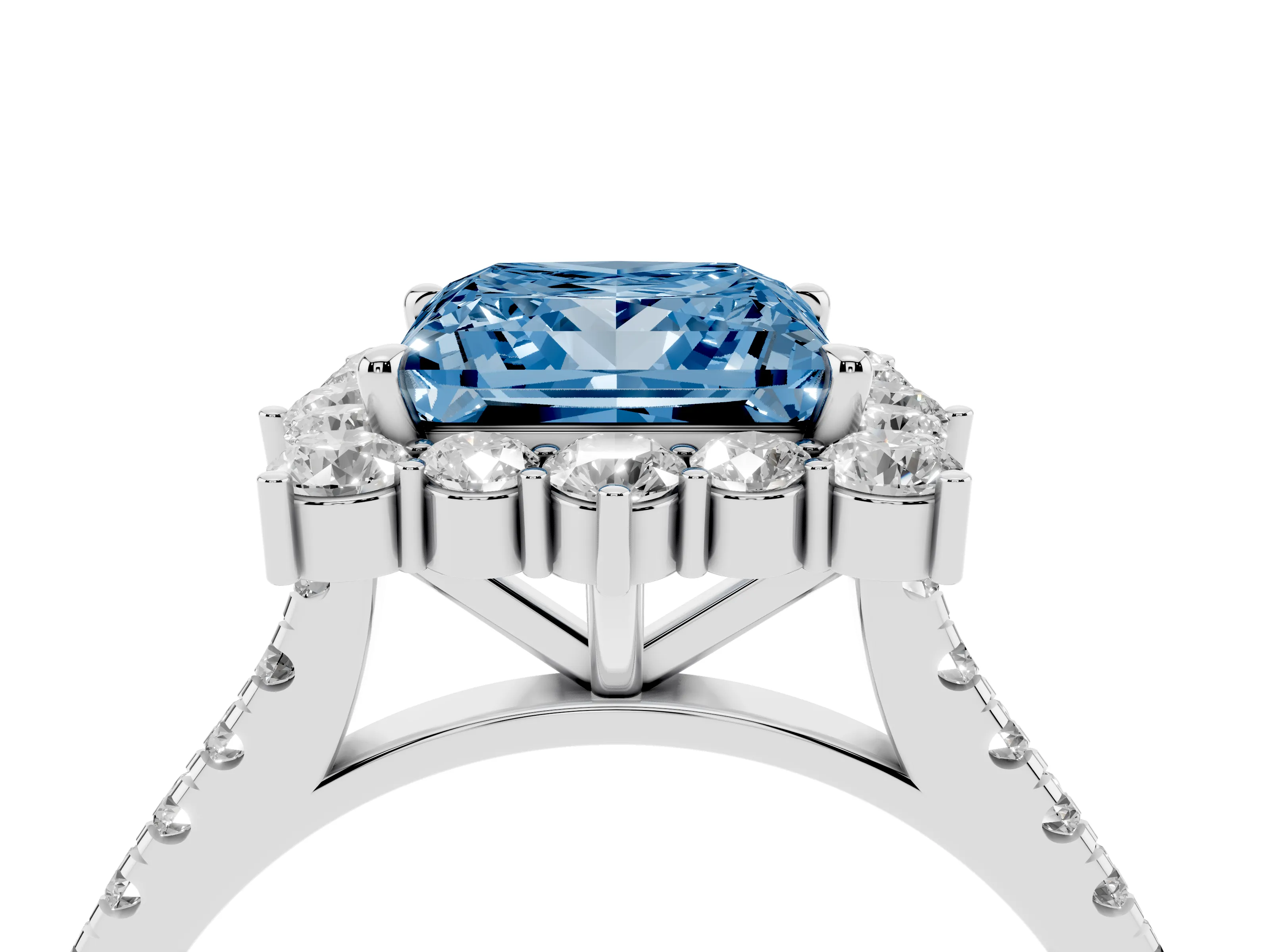 Fancy Blue Princess Cut Diamond Halo Ring Set in White gold with Pavé Band and Prong Setting