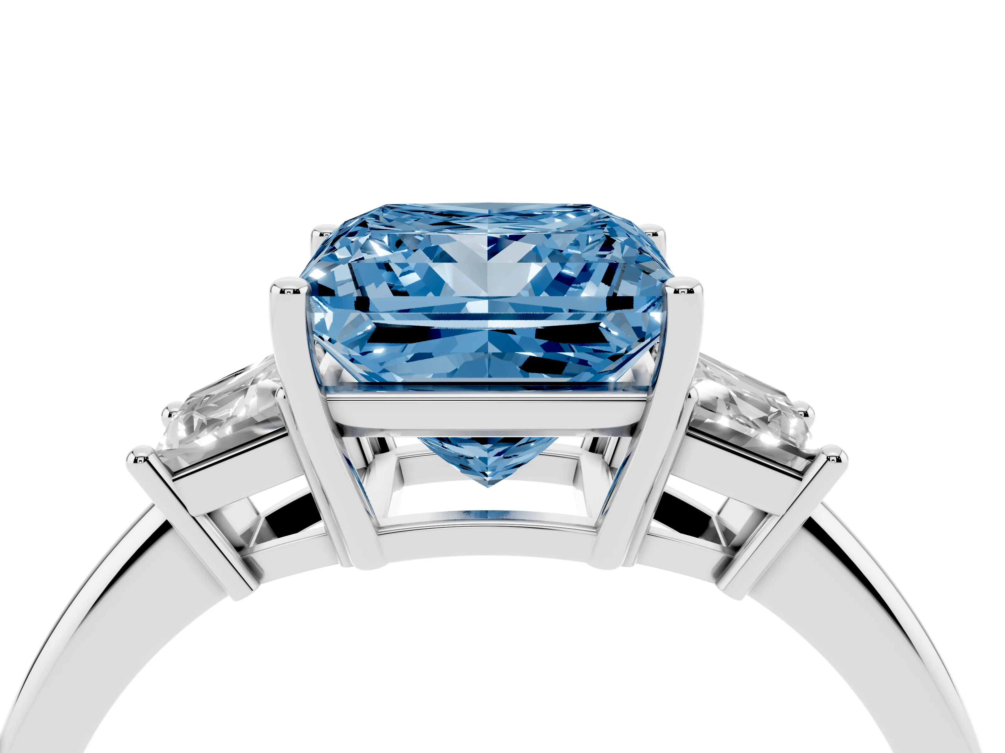 Fancy Blue Princess Cut Diamond Three-Stone Ring Set in Silver with Trapezoid Side Stones and Prong Setting