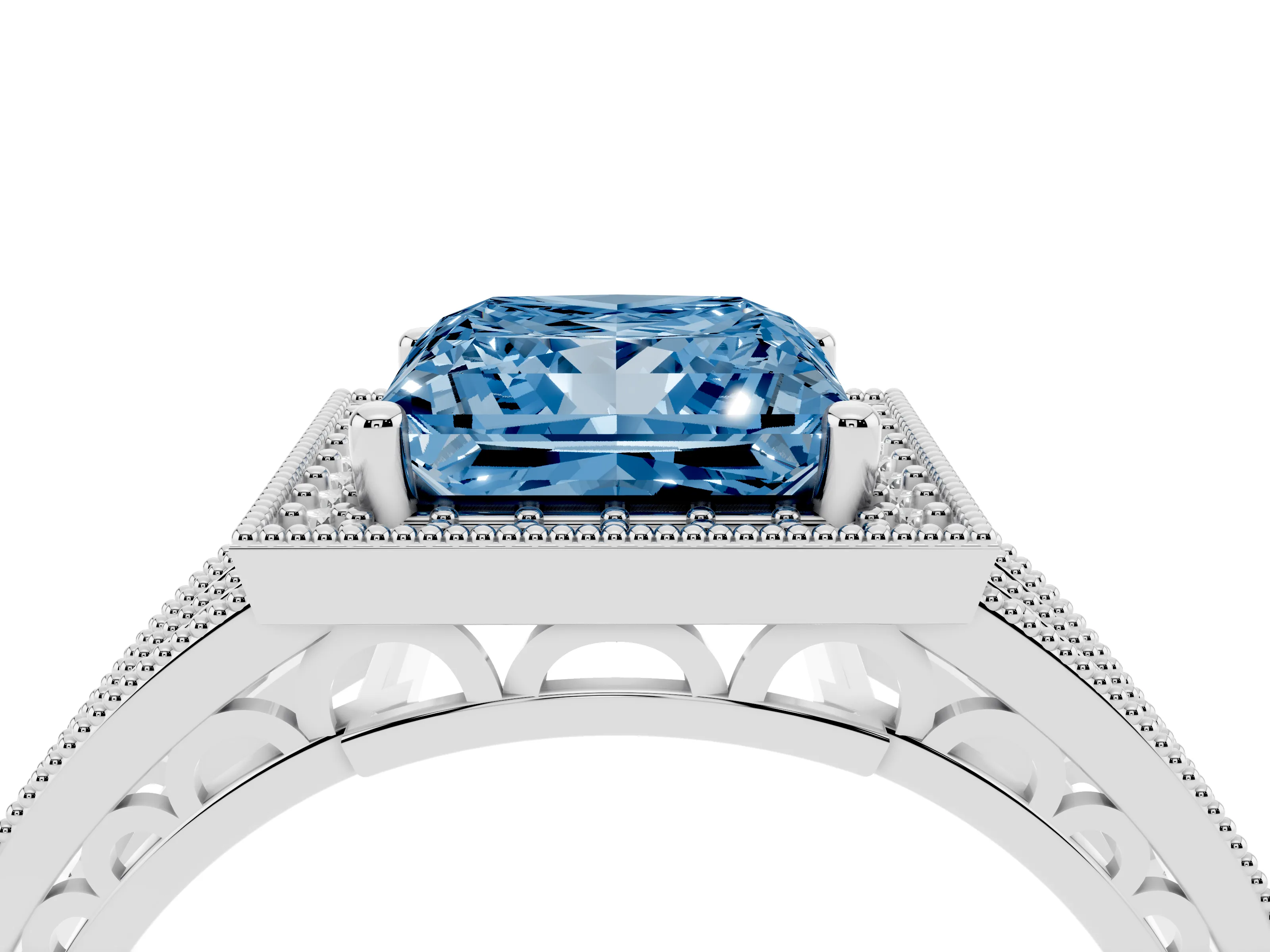 Fancy Blue Princess Cut Diamond Halo Ring Set in White gold with Accent Split Shank and Prong Setting