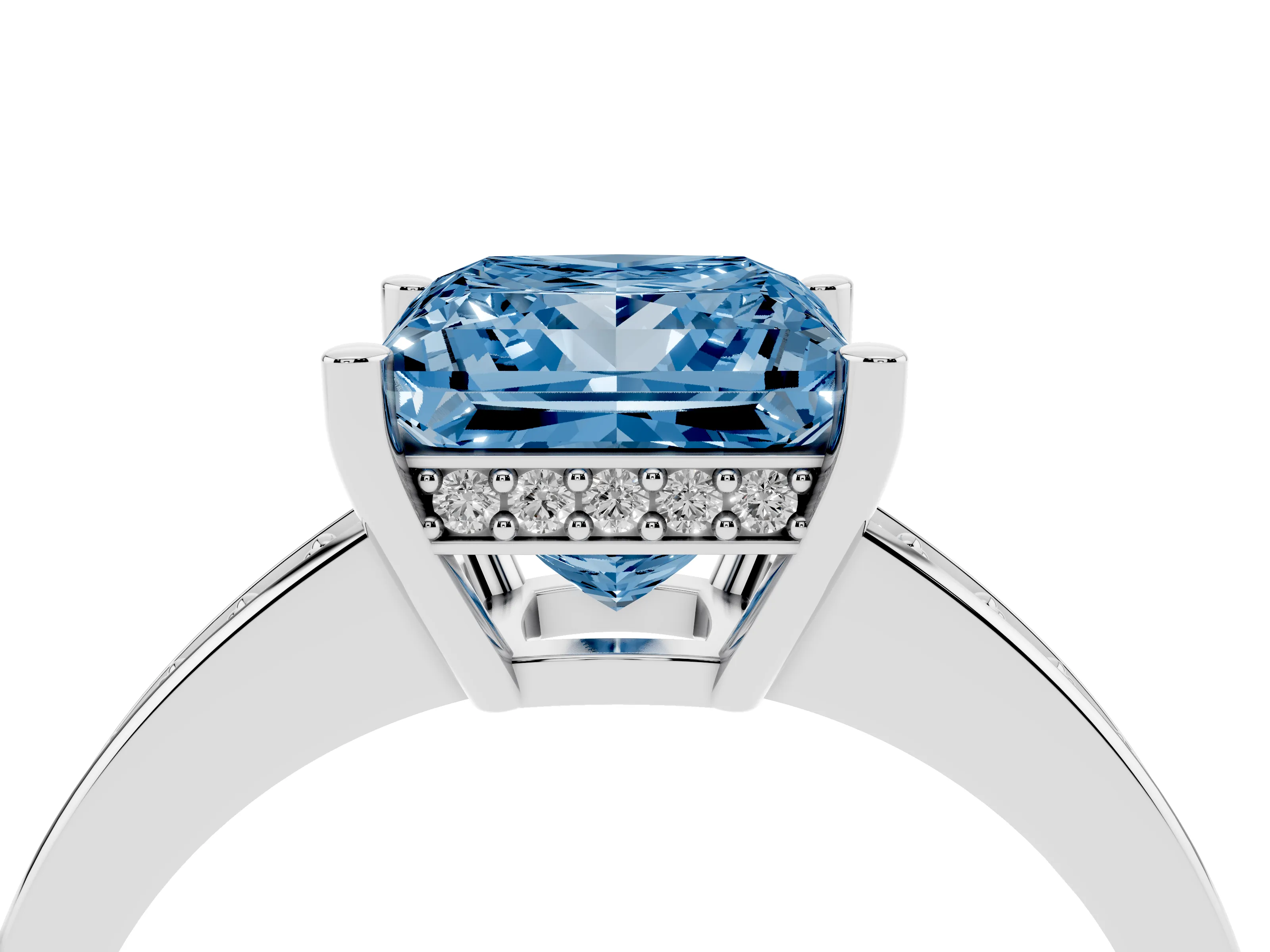 Fancy Blue Princess Cut Diamond Pavé Band Prong Set Solitaire Ring Set in Silver