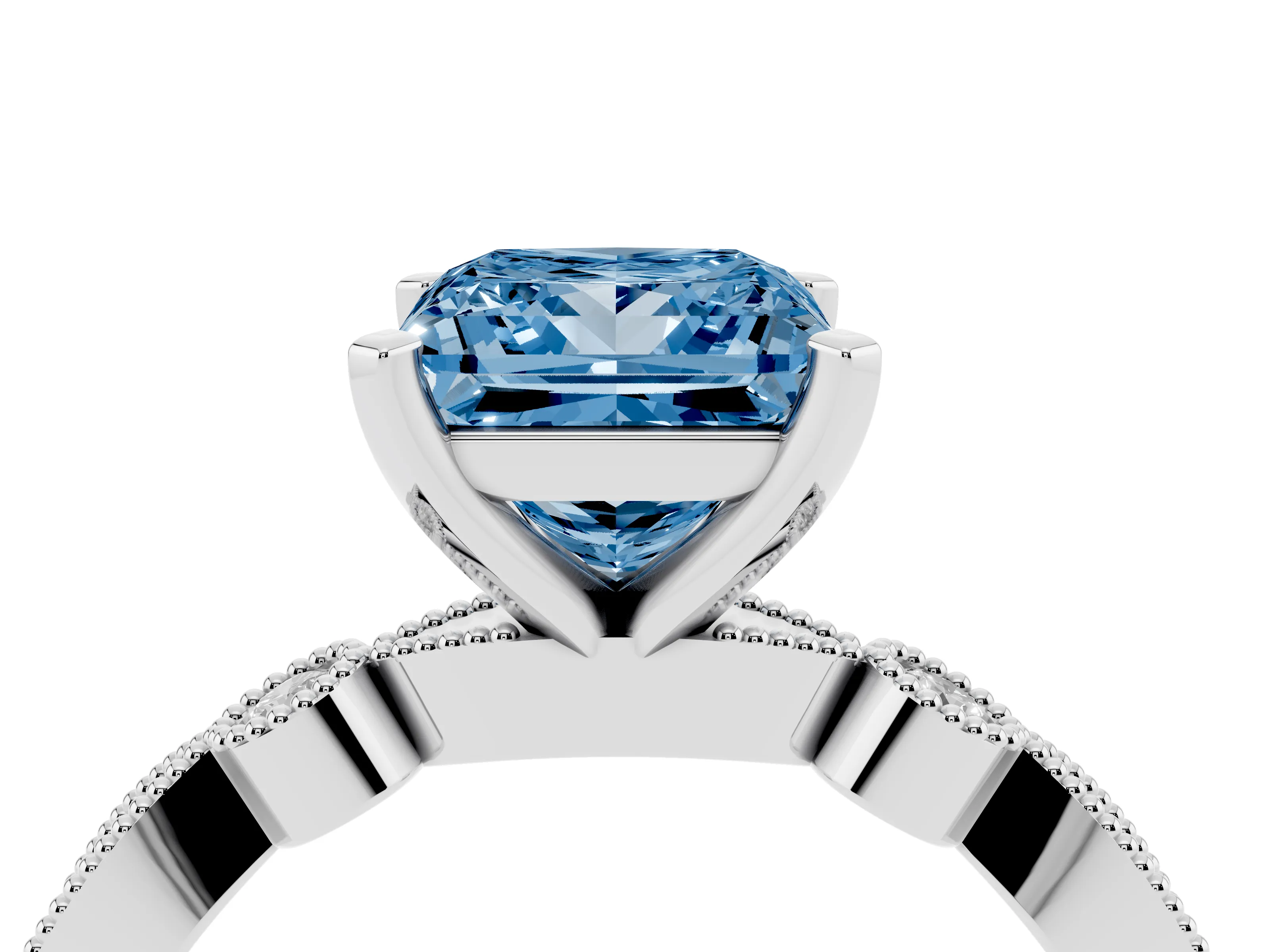 Fancy Blue Princess Cut Diamond Solitaire Engagement Ring Set in Silver with Milgrain Bezel Accent Band