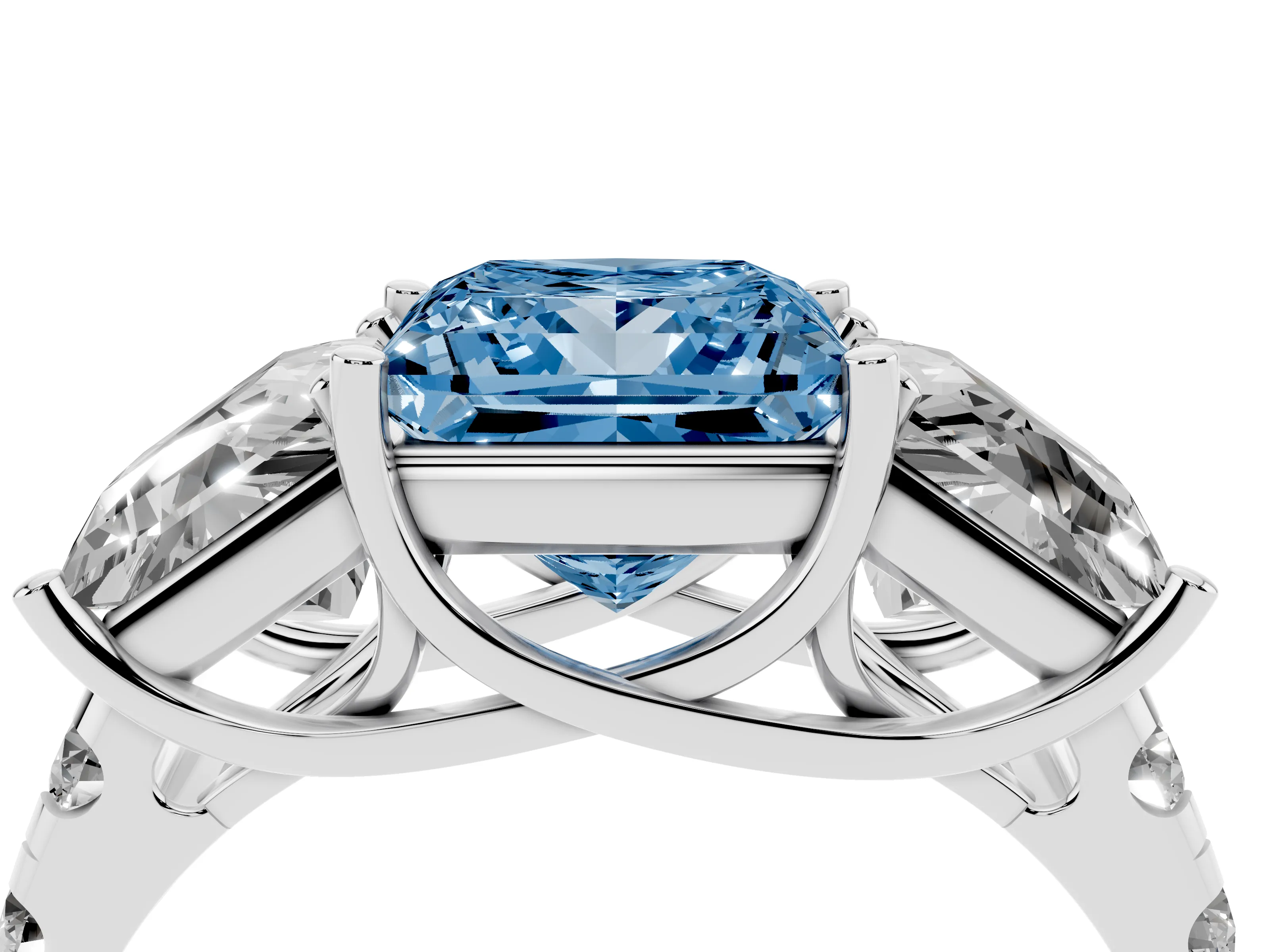 Fancy Blue Princess Cut Diamond Three-Stone Ring Set in Silver with Pavé Band