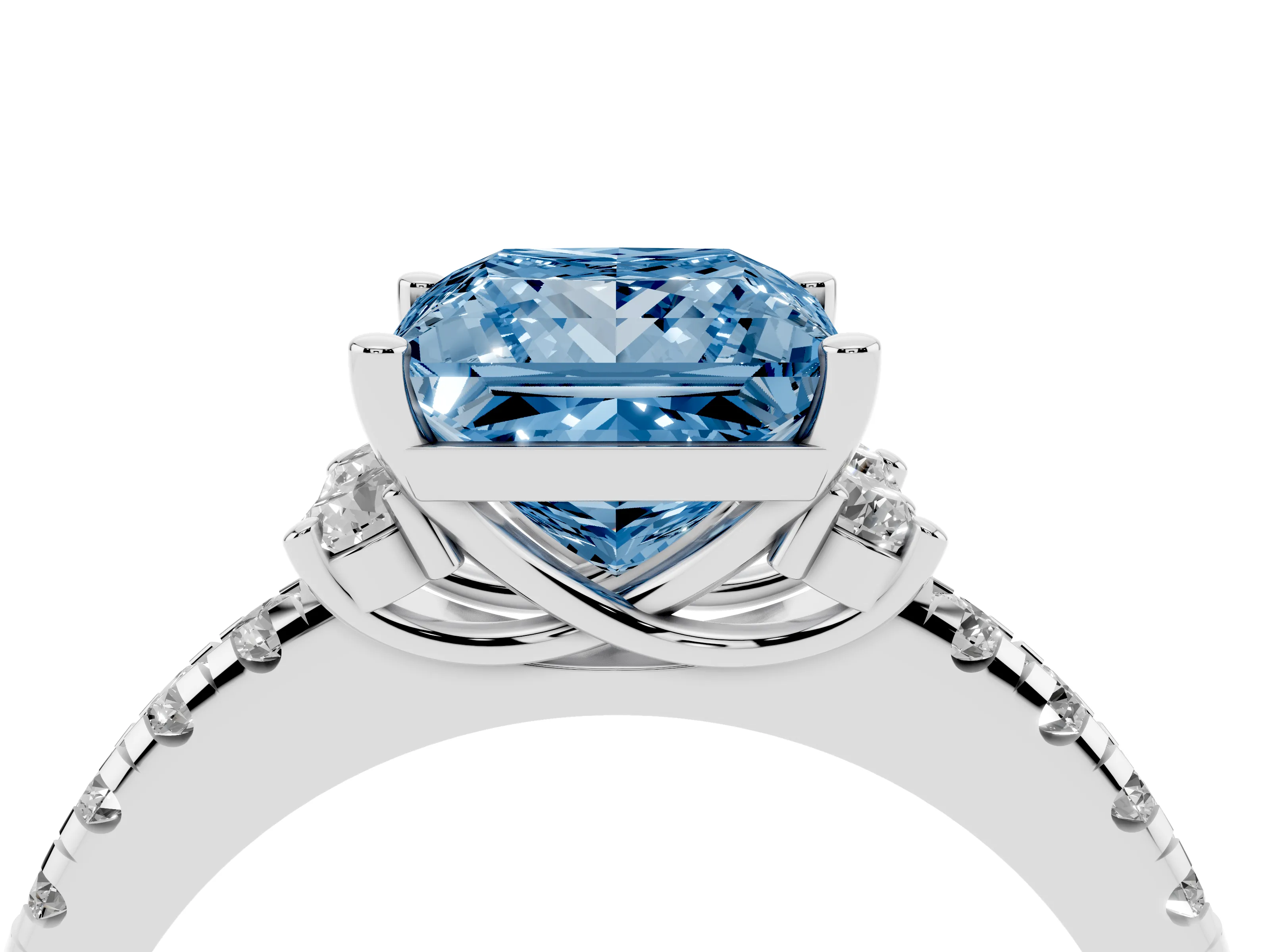 Fancy Blue Princess Cut Diamond Three-Stone Pavé Ring Set in White gold with Prong Setting