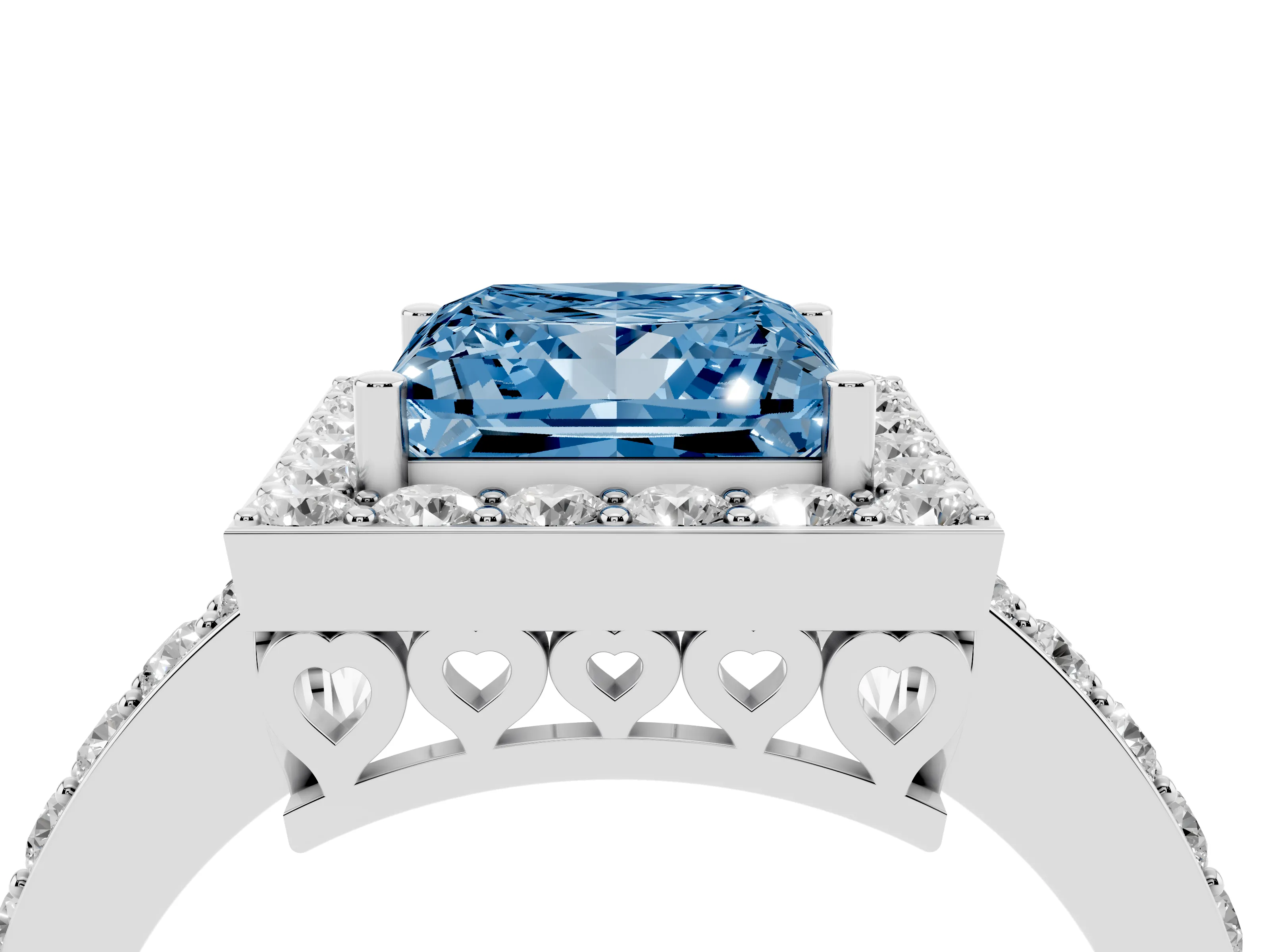 Fancy Blue Princess Cut Diamond Halo Ring Set in Silver with Pavé-Setting Band and Open Prong Center