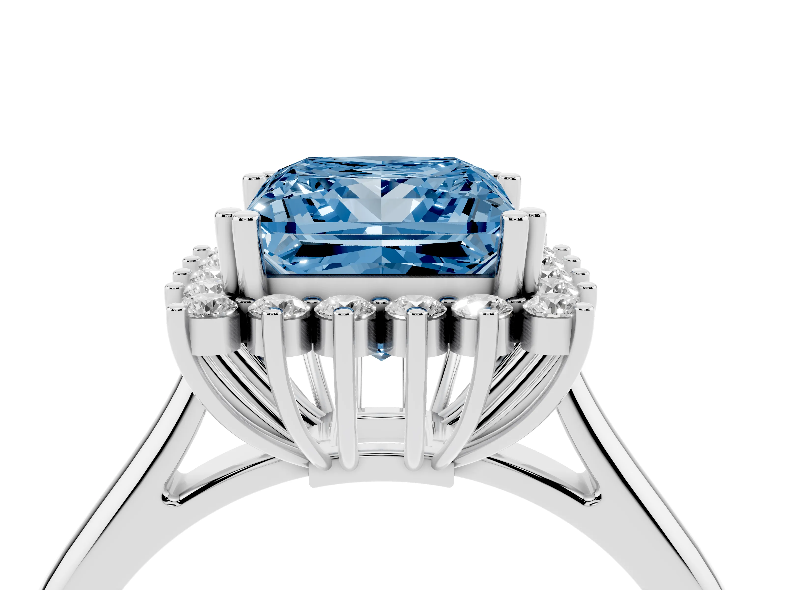 Fancy Blue Princess Cut Diamond Halo Ring Set in Platinum with Plain Solitaire Band and Prong Setting