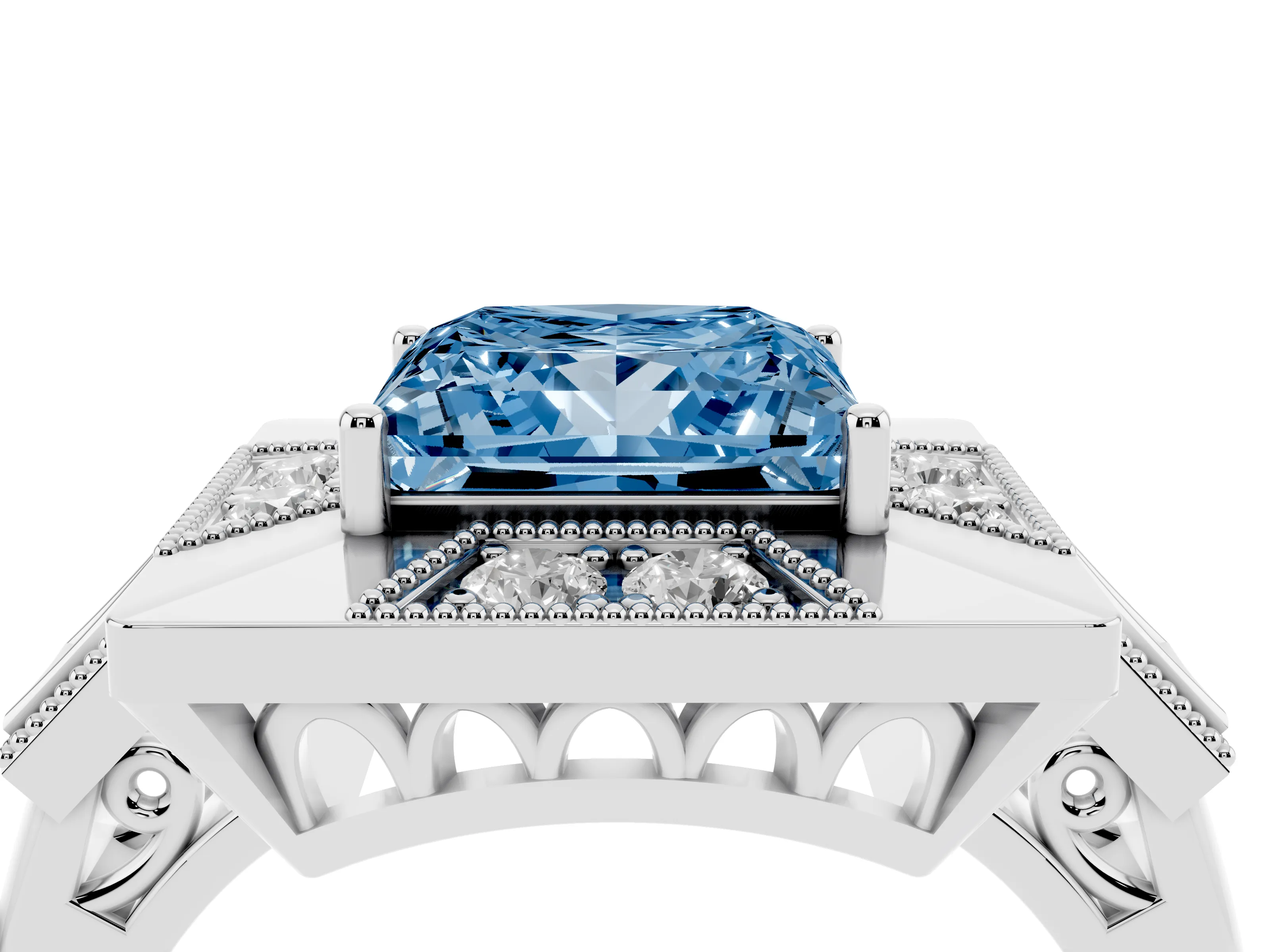 Fancy Blue Princess Cut Diamond Milgrain Halo Ring Set in Silver with Split Shank