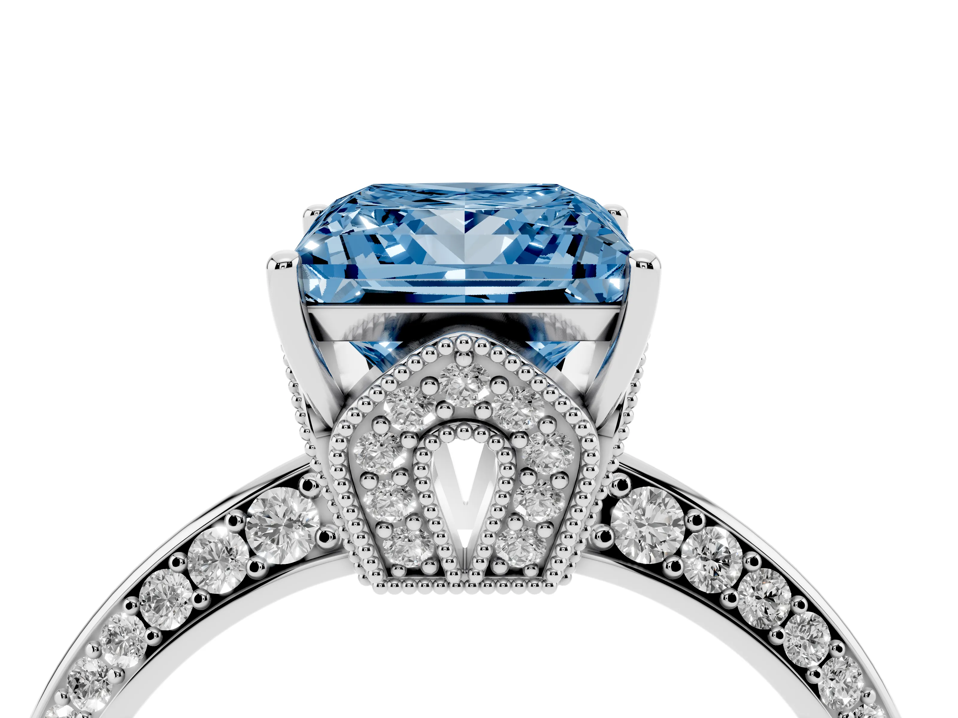 Fancy Blue Princess Cut Diamond Solitaire Engagement Ring Set in White gold with Pavé Split Shank and Prong Setting