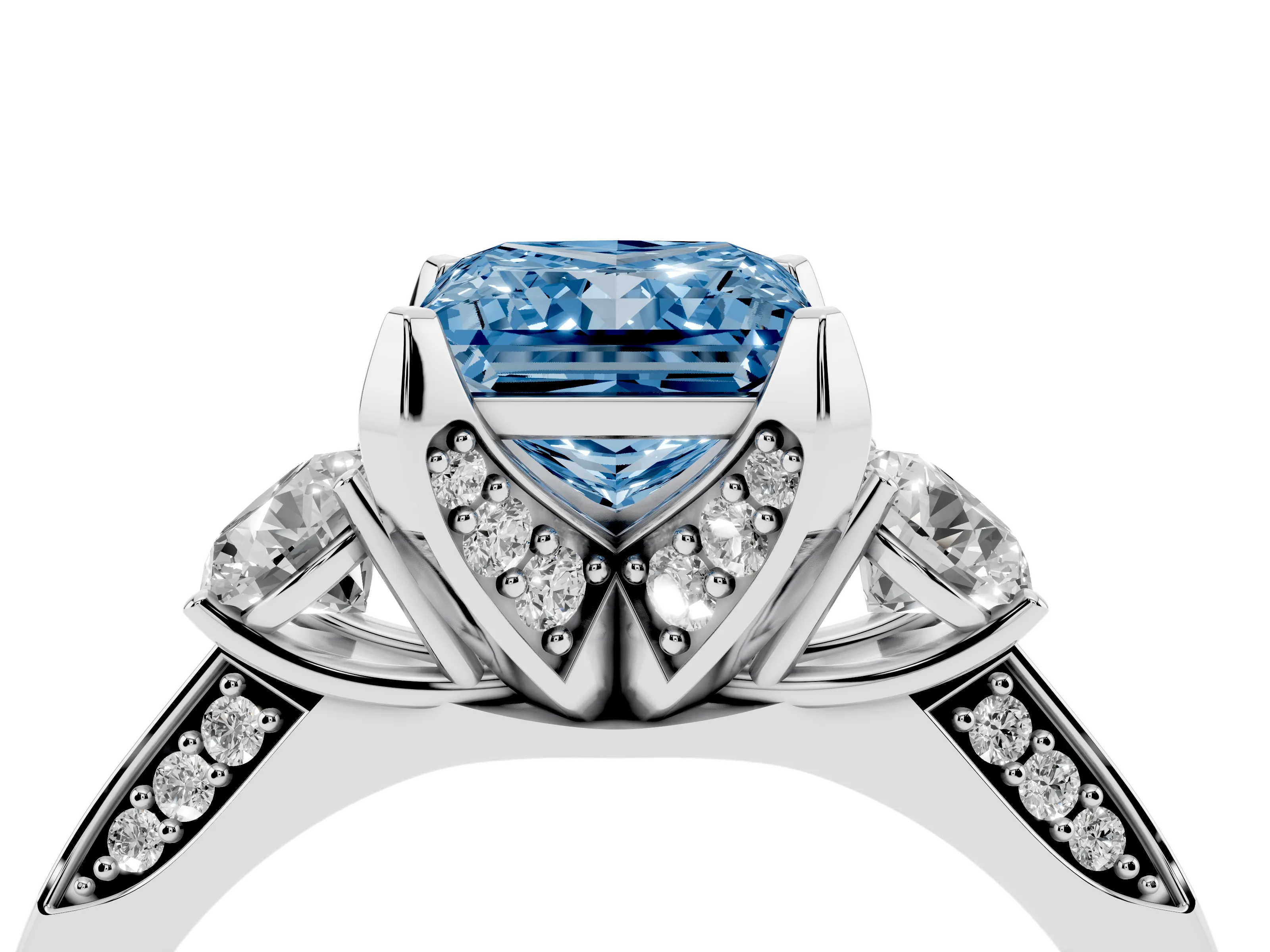 Fancy Blue Princess Cut Diamond Three-Stone Ring Set in White gold with Pavé Band and Smaller Side Stones