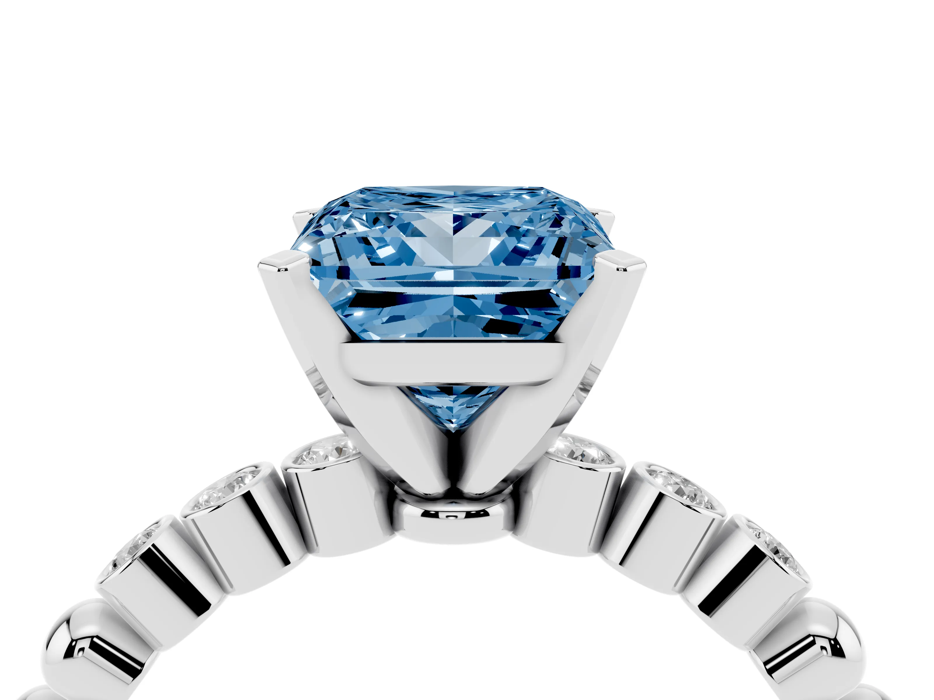 Fancy Blue Princess Cut Diamond Solitaire Engagement Ring Set in Silver with Bezel Accents on Beaded Band