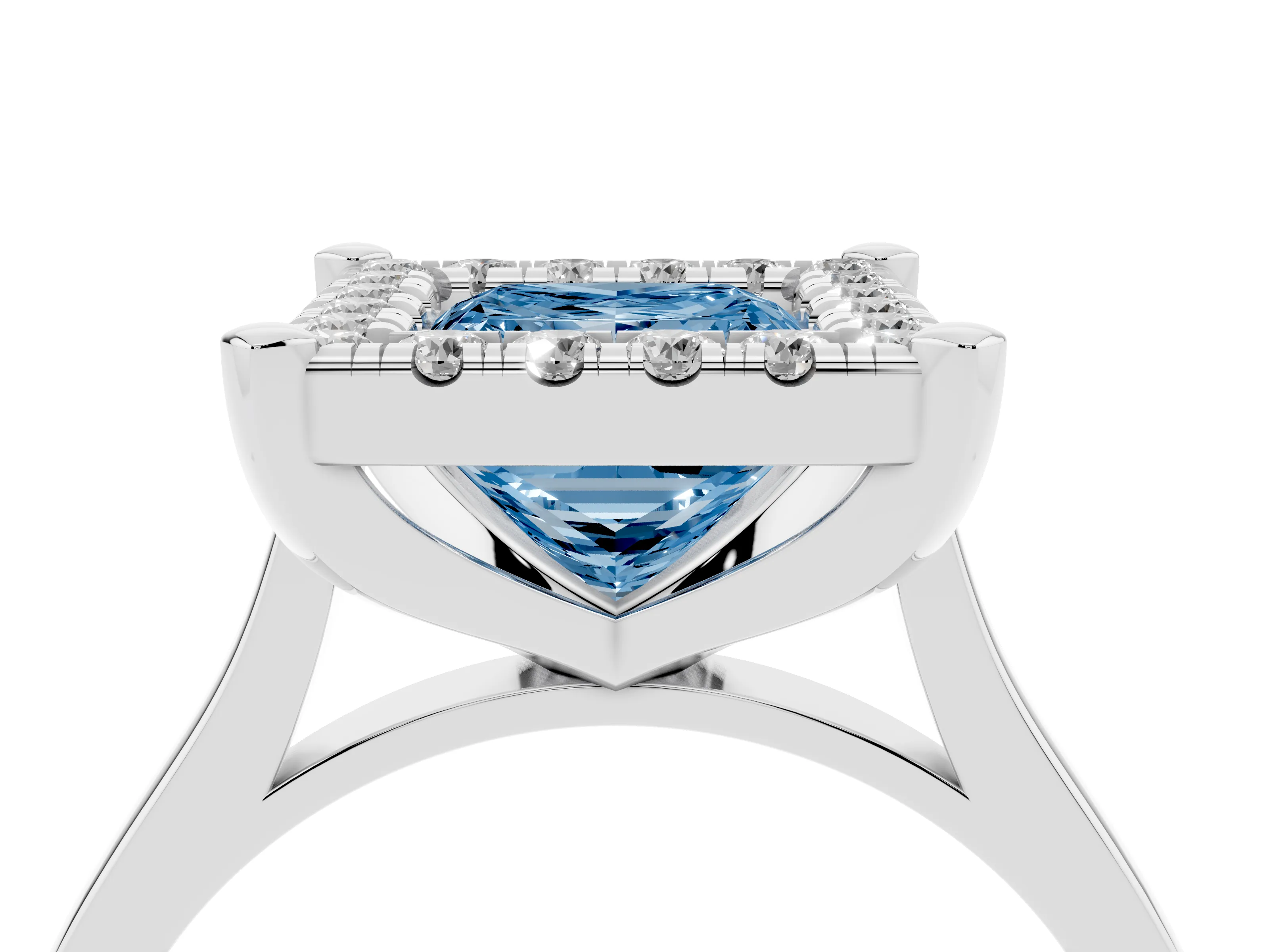 Fancy Blue Princess Cut Diamond Cluster Halo Solitaire Ring Set in Silver with Prong Setting