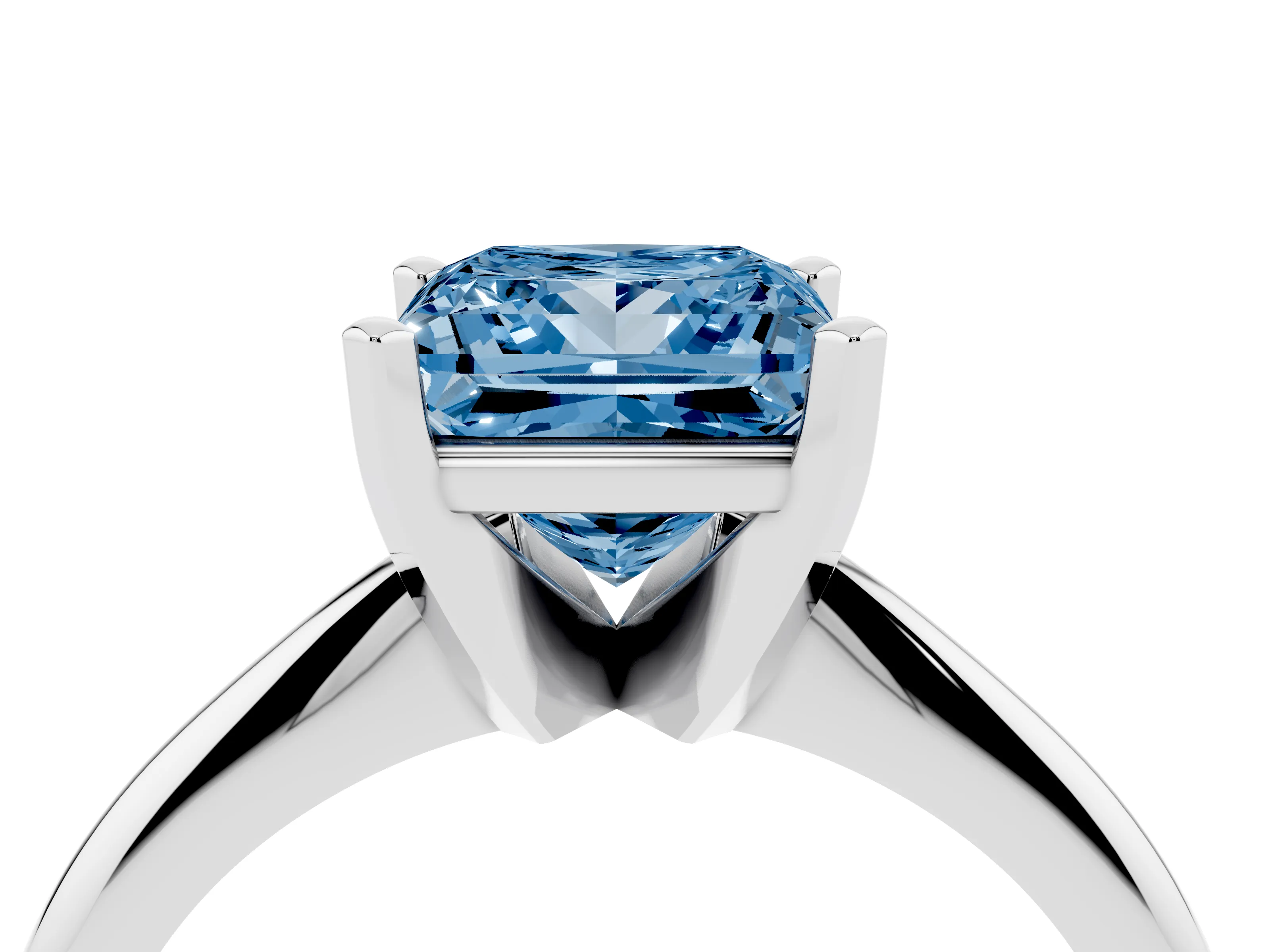 Fancy Blue Princess Cut Diamond Solitaire Ring Set in Platinum with Prong Setting on a Plain Round Band