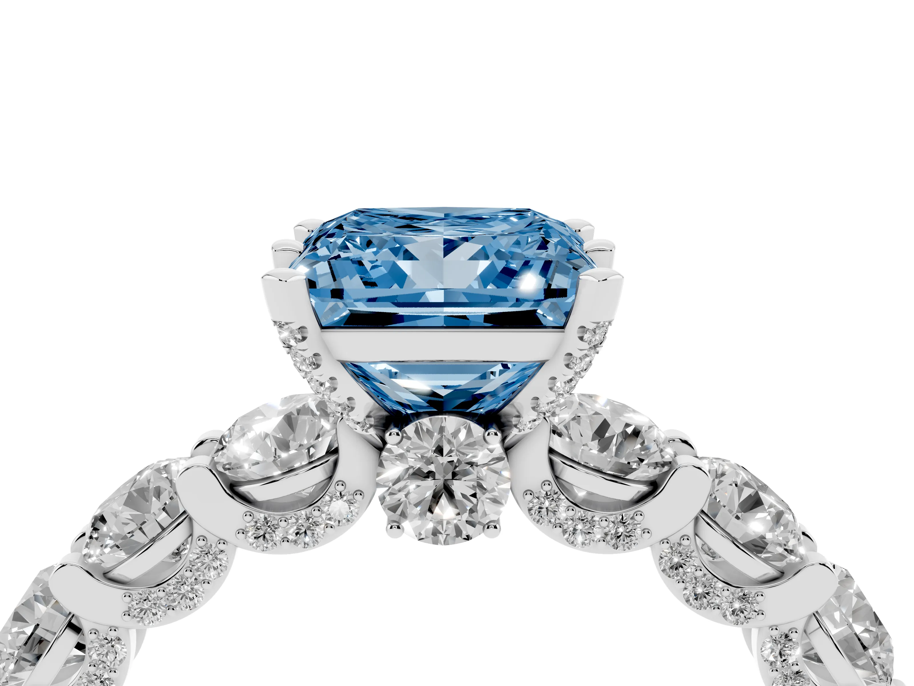 Fancy Blue Princess Cut Diamond Side Stone Ring Set in Platinum with Alternating Round and Oval Side Stones