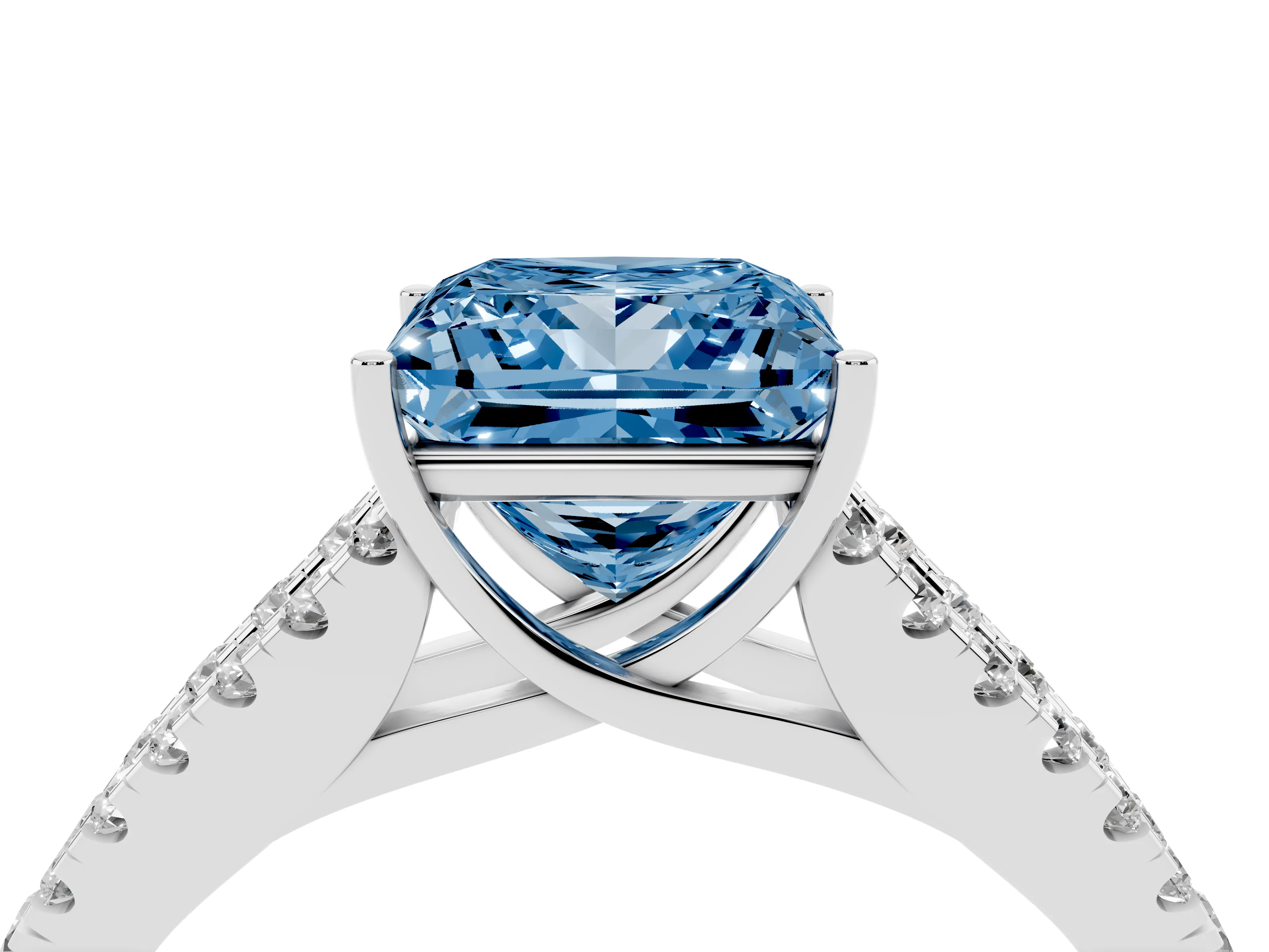 Fancy Blue Princess Cut Diamond Split Shank Pavé Engagement Ring Set in Platinum with Prong-Held Center Stone