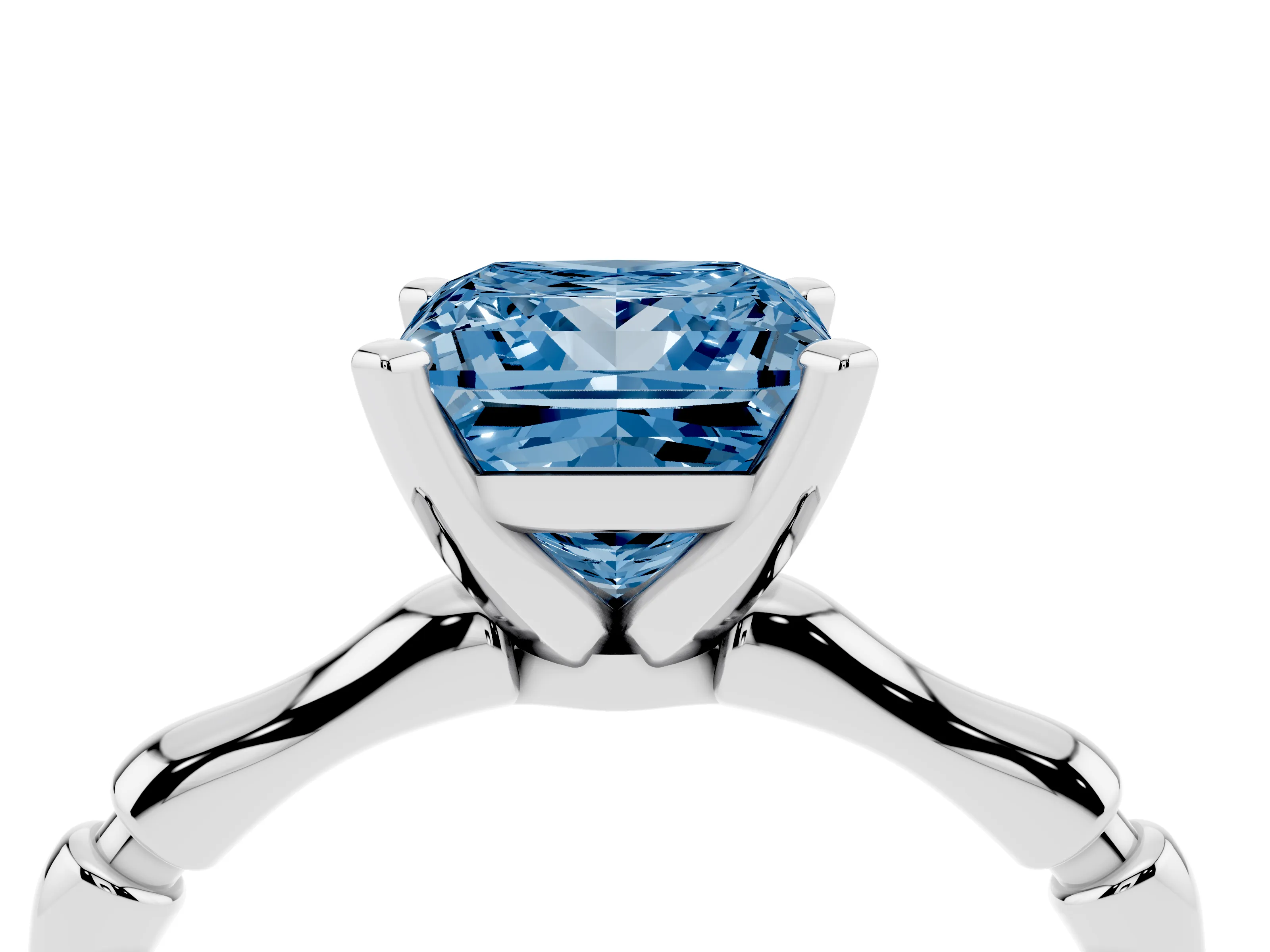 Fancy Blue Princess Cut Diamond Solitaire Ring Set in White gold with Bamboo Band and Prong Setting