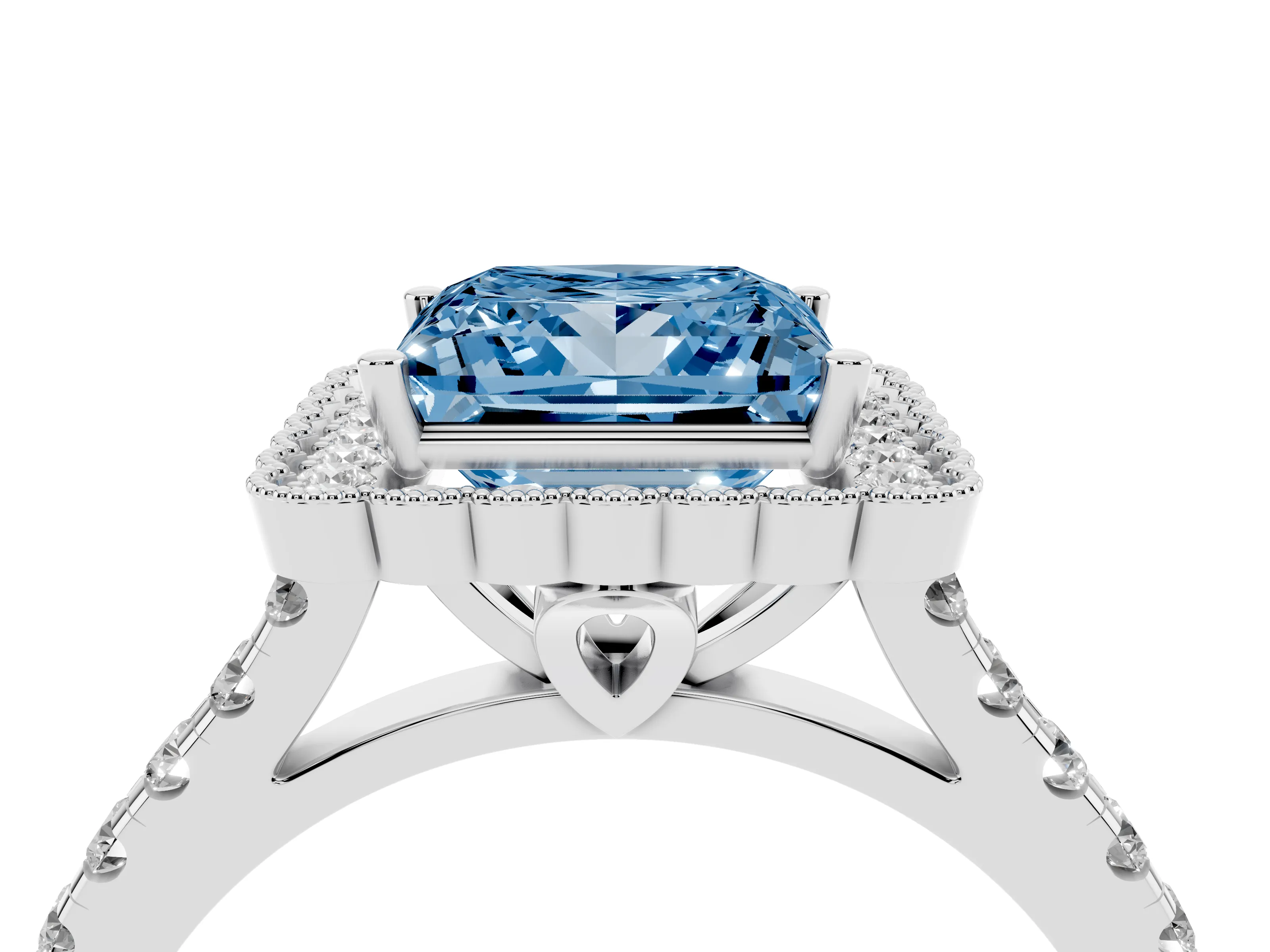 Fancy Blue Princess Cut Diamond Milgrain Floral Halo Engagement Ring Set in Silver with Pavé Band