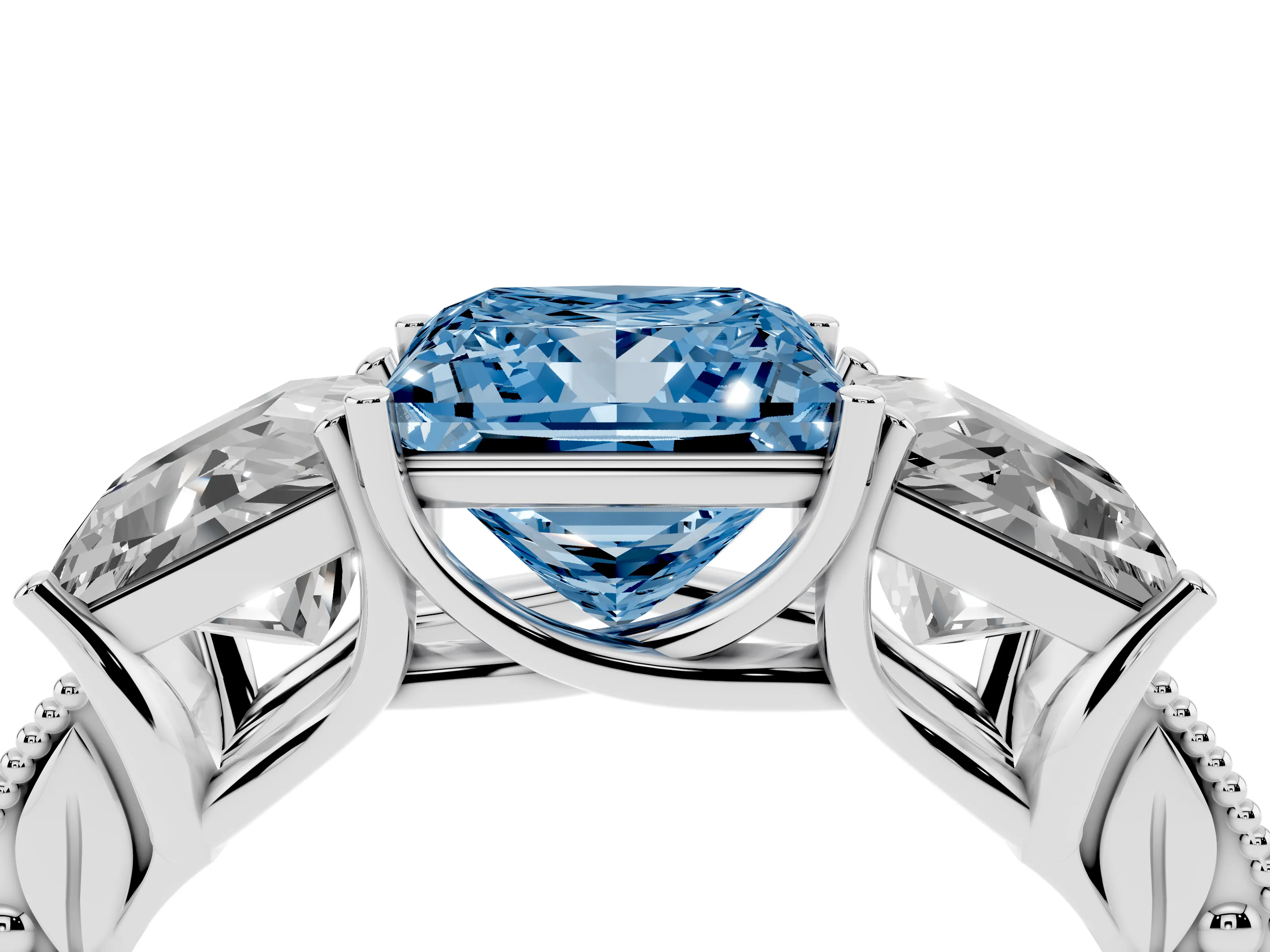 Fancy Blue Princess Cut Diamond Three-Stone Engagement Ring Set in Platinum with Milgrain Pavé Band