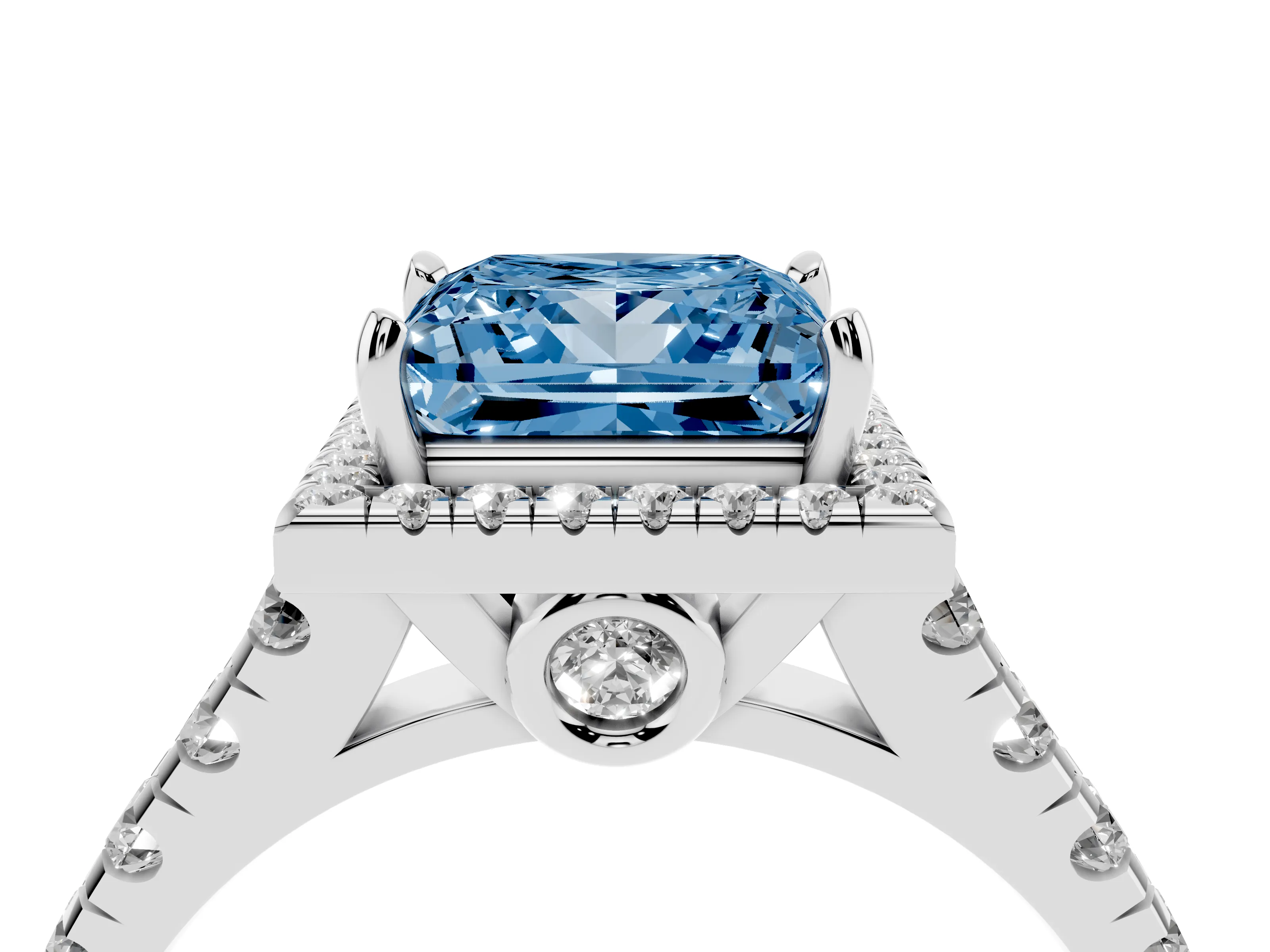 Fancy Blue Princess Cut Diamond Halo Engagement Ring Set in White gold with Pavé Band and Prong-Set Center