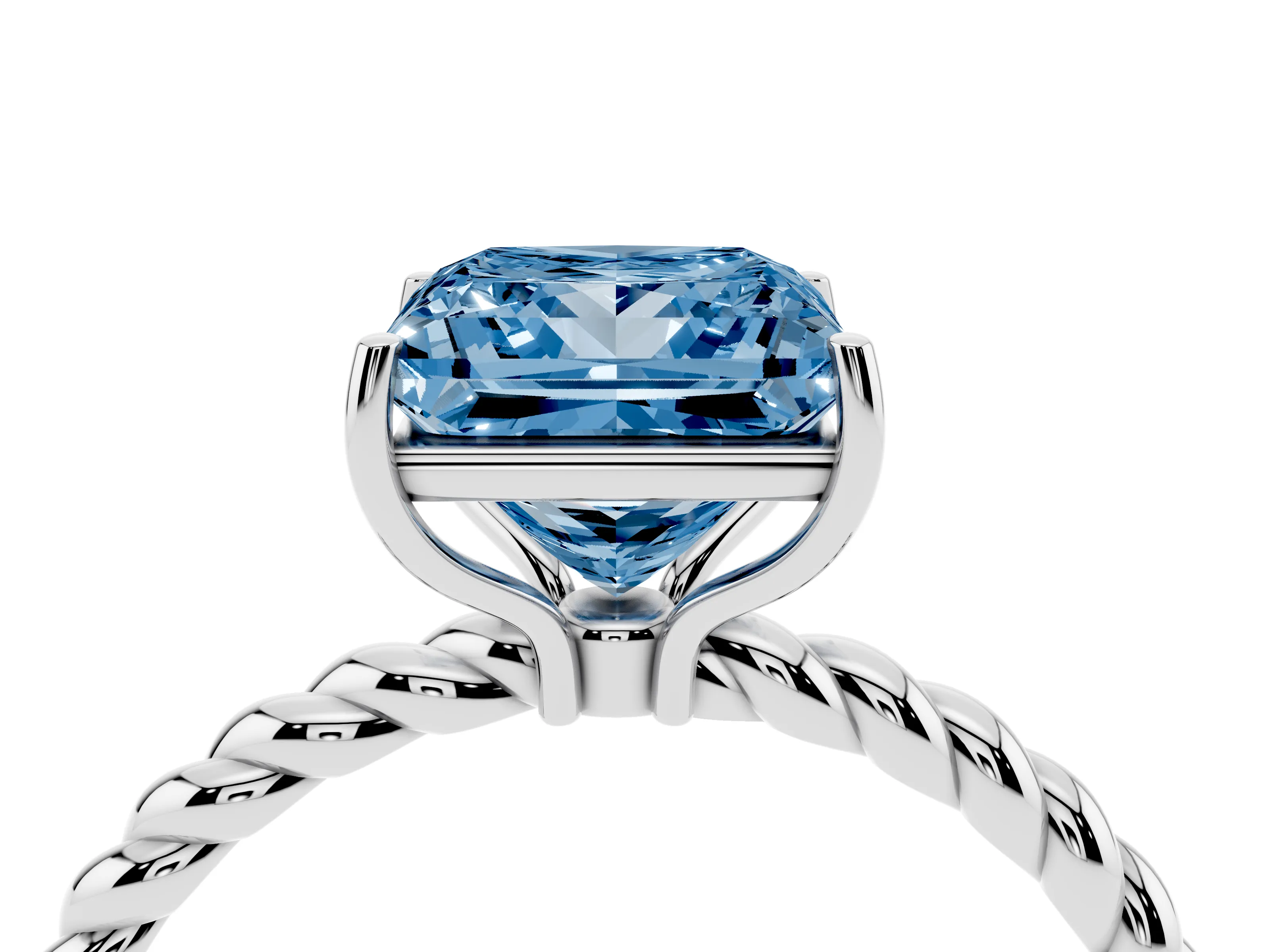 Fancy Blue Princess Cut Diamond Solitaire Ring Set in Platinum with Twist Band and Prong Setting
