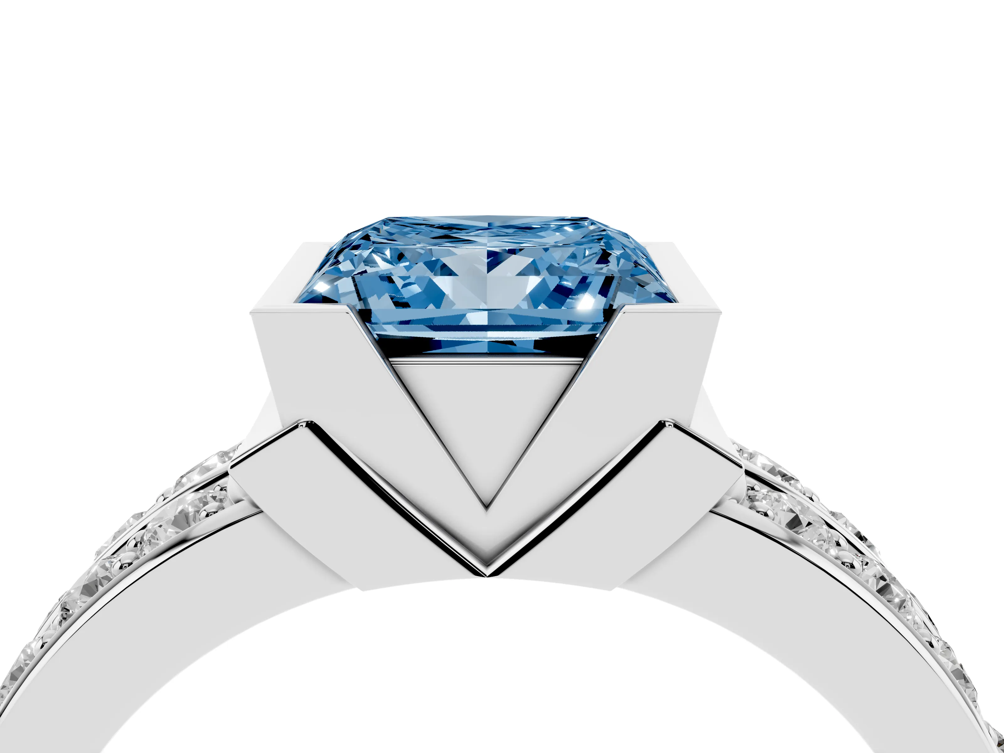 Fancy Blue Princess Cut Diamond Wide Channel Set Band Ring Set in White gold with Bezel Setting