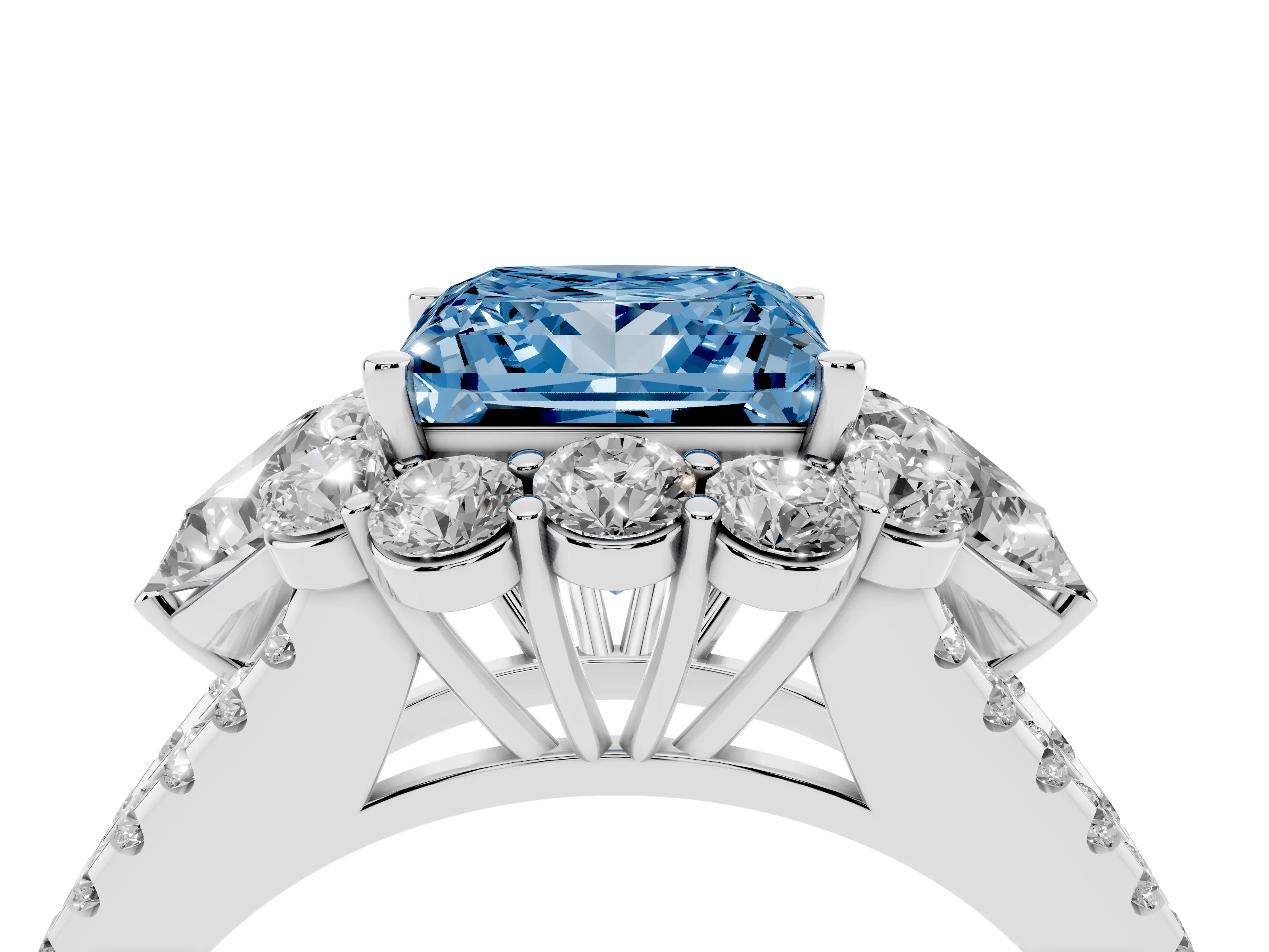 Fancy Blue Princess Cut Diamond Halo Split Shank Engagement Ring Set in Platinum with Prong-Held Center Stone