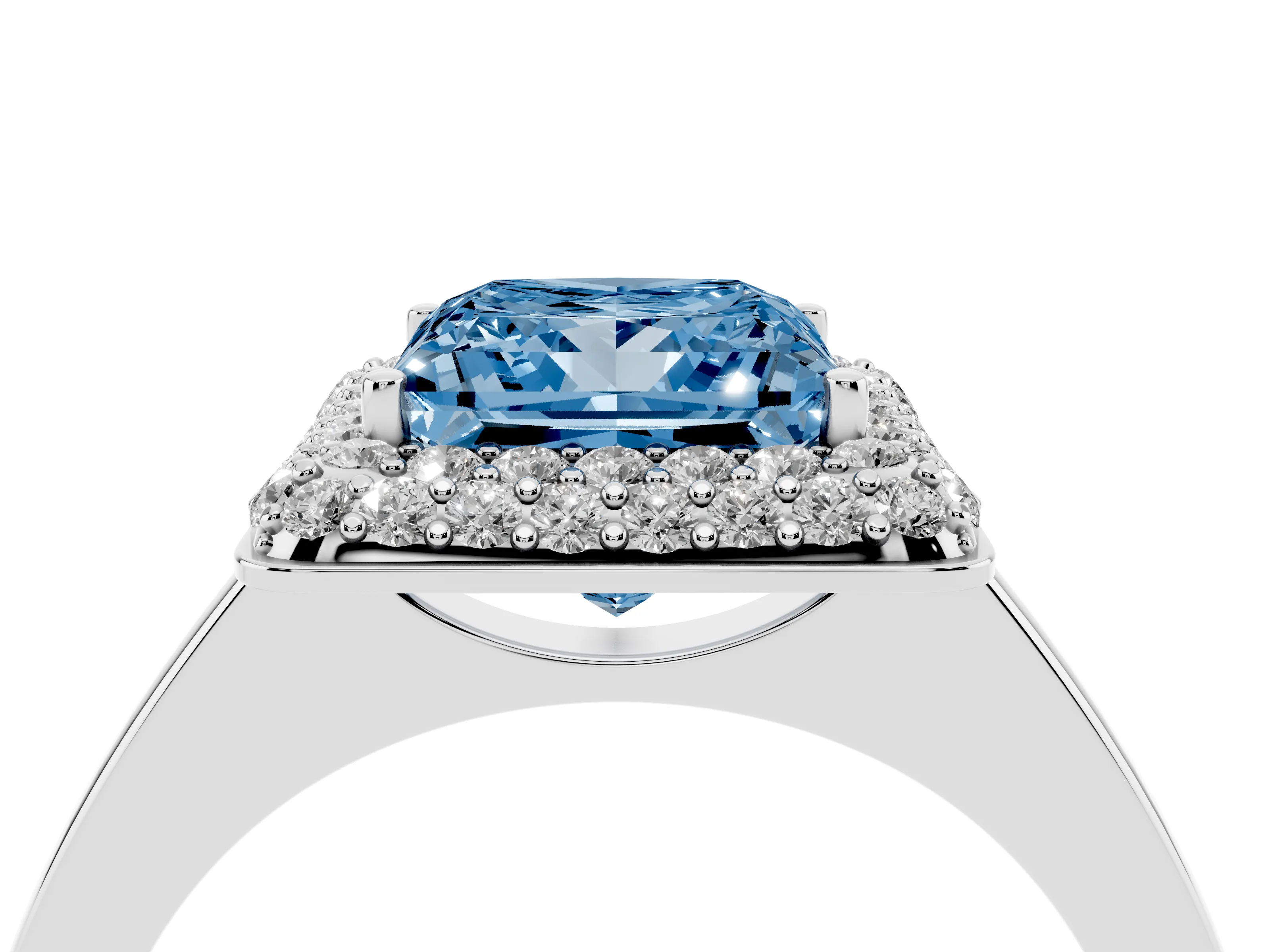 Fancy Blue Princess Cut Diamond Halo Engagement Ring Set in White gold with Solitaire Band and Prong Setting